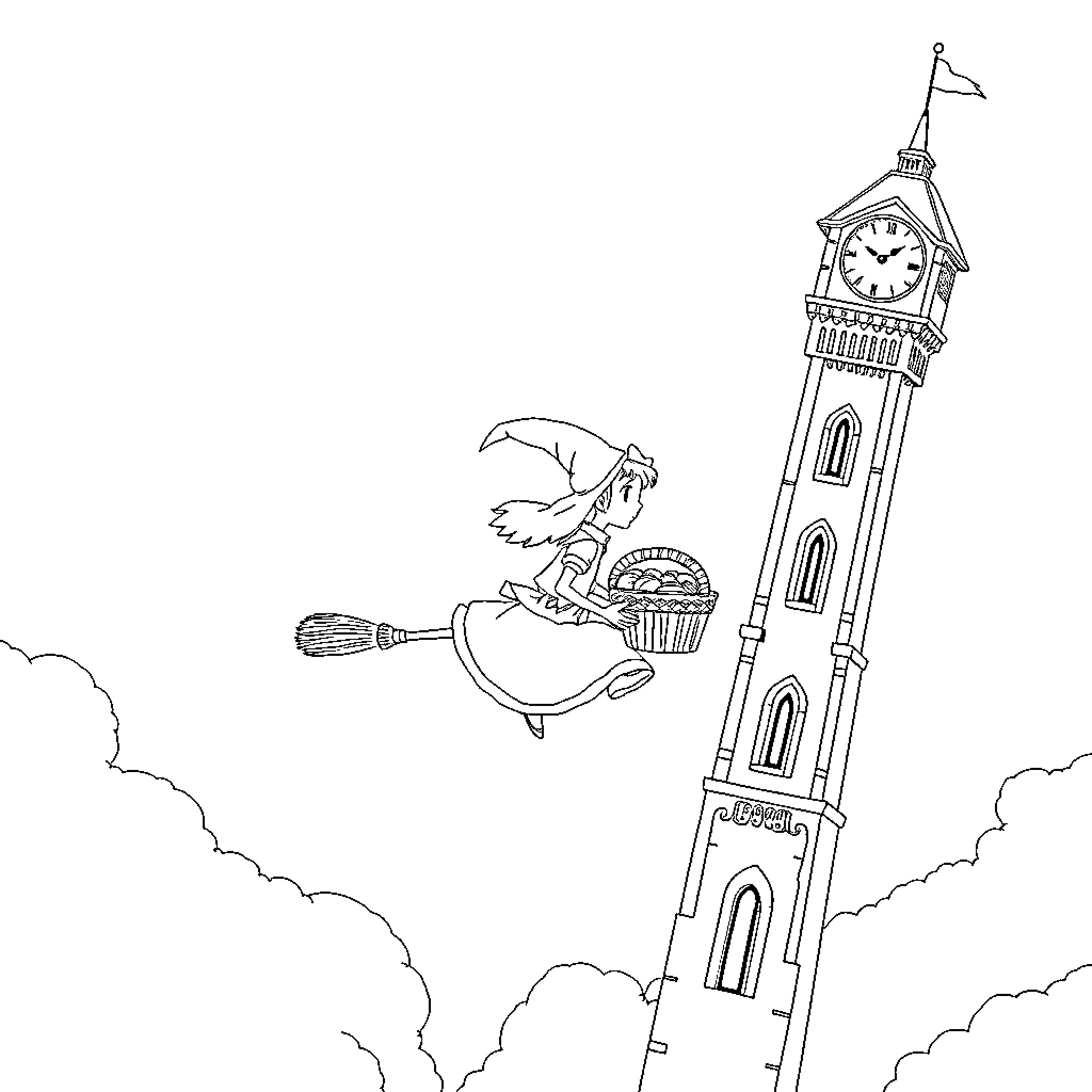 Kiki flying on a broomstick near a clock tower Coloring Page (free black-and-white line drawing printable PDF for all, from beginners to advanced learners, including children, teens, adults, and seniors)
