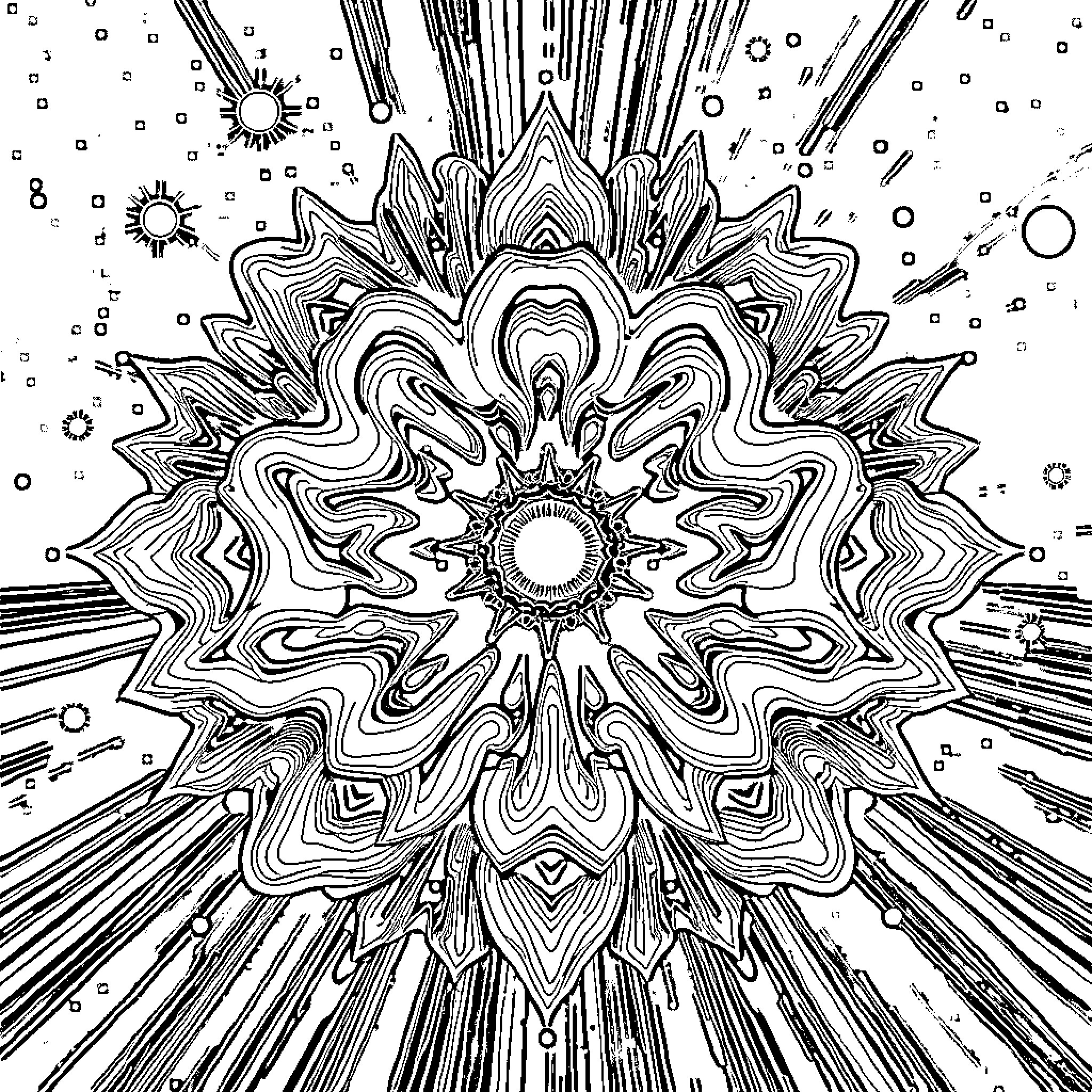 Cell Intricate Abstract Explosion of Lines and Shapes Coloring Page (free black-and-white line drawing printable PDF for all, from beginners to advanced learners, including children, teens, adults, and seniors)