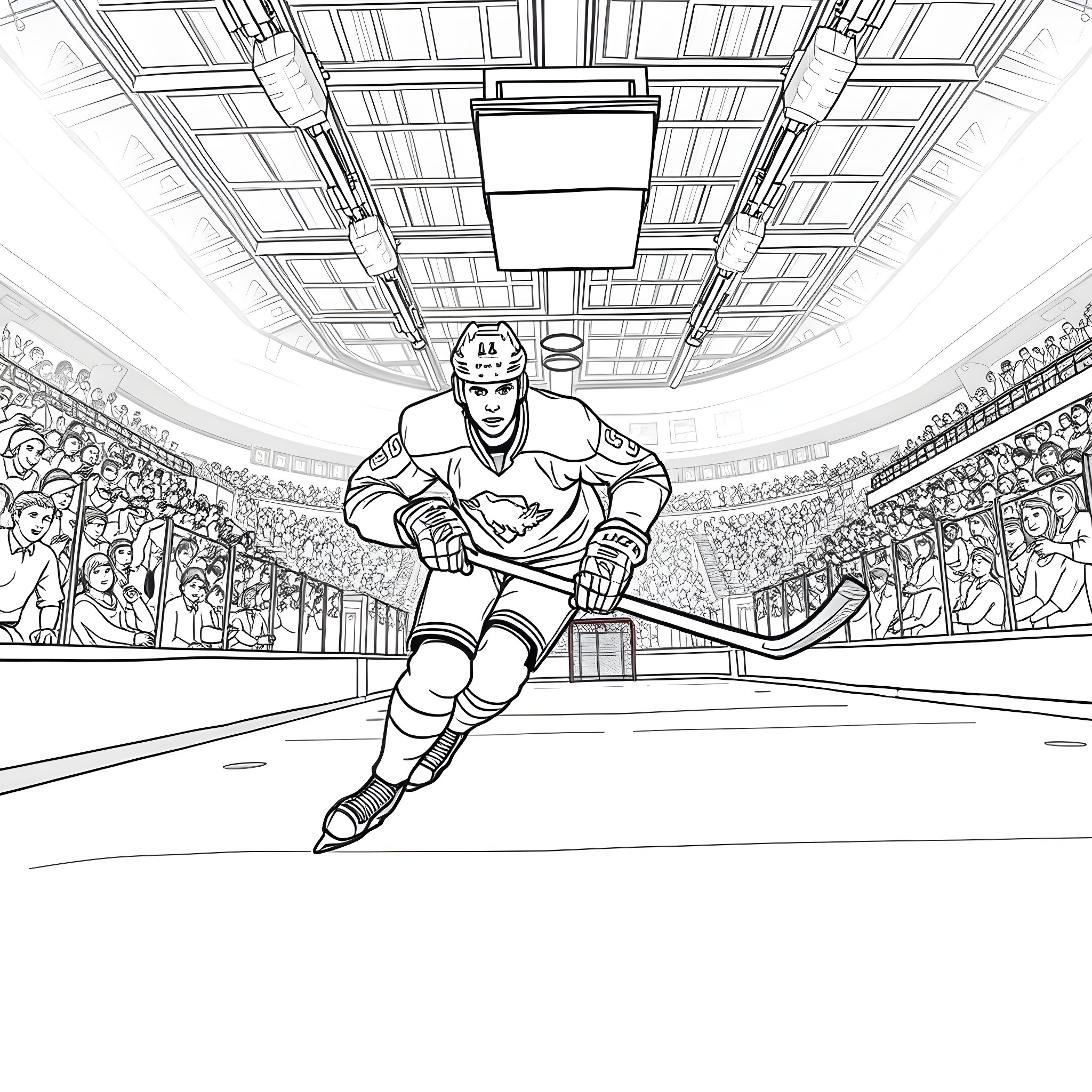 Hockey Player Skating on Ice in Stadium Coloring Page (free black-and-white line drawing printable PDF for all, from beginners to advanced learners, including children, teens, adults, and seniors)