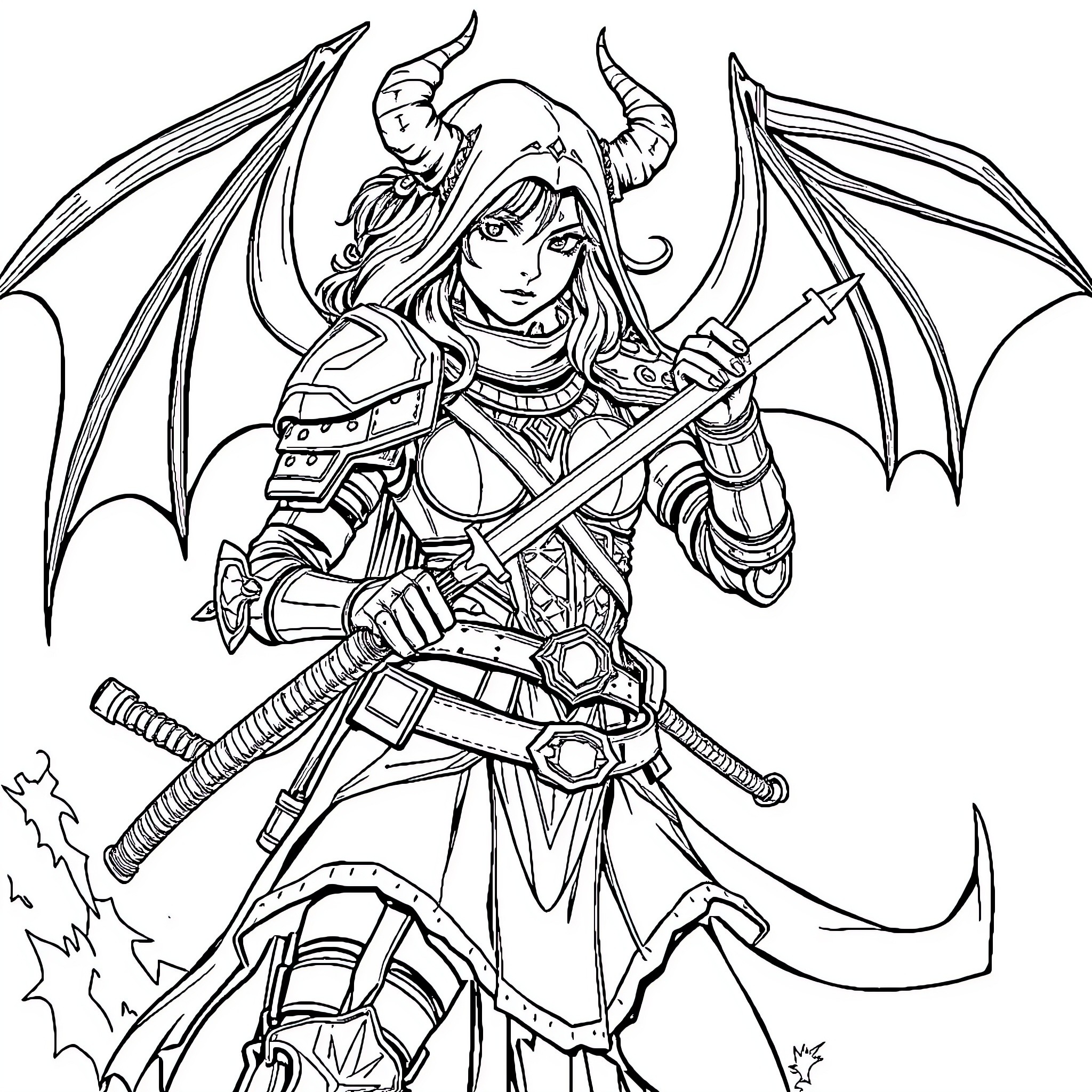 Demonhunter Warrior Wielding Bladed Weapons Coloring Page (free black-and-white line drawing printable PDF for all, from beginners to advanced learners, including children, teens, adults, and seniors)