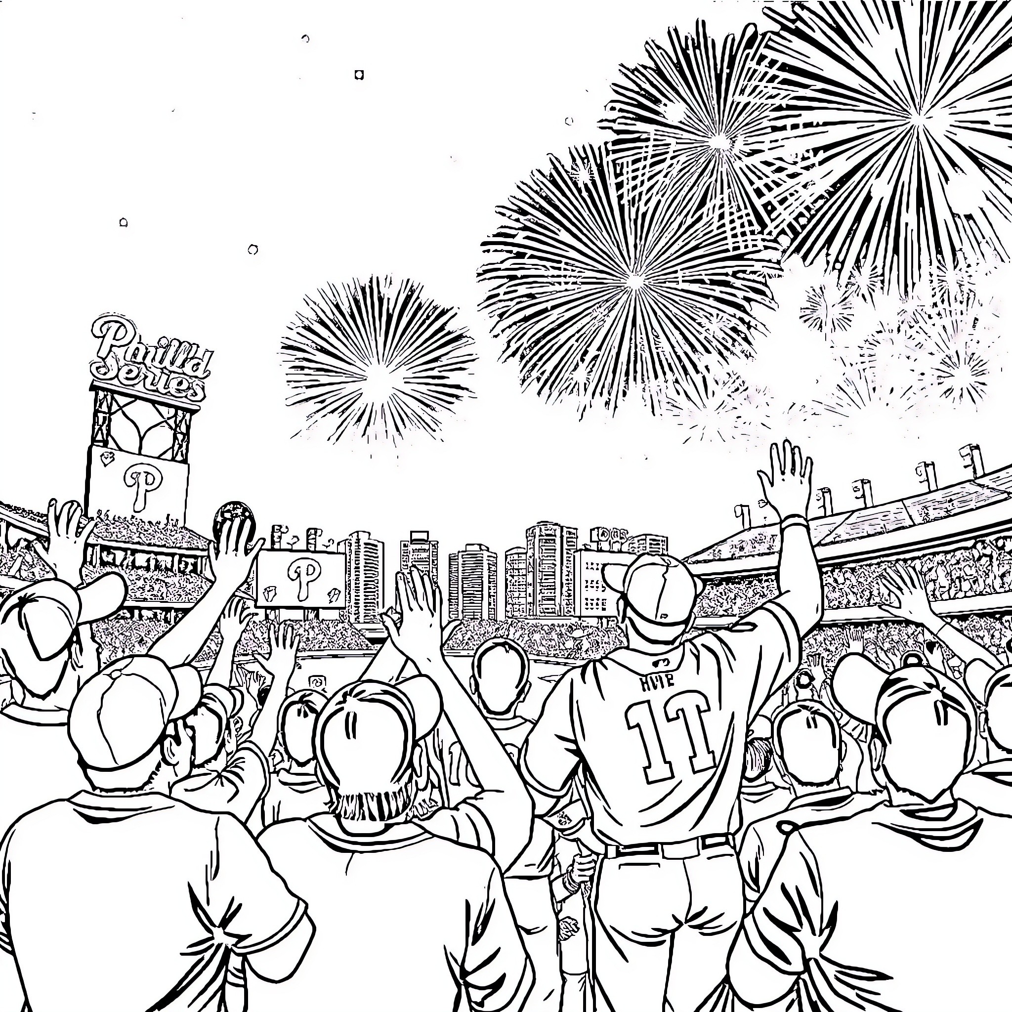 Phillies fans celebrate with fireworks and excitement Coloring Page (free black-and-white line drawing printable PDF for all, from beginners to advanced learners, including children, teens, adults, and seniors)