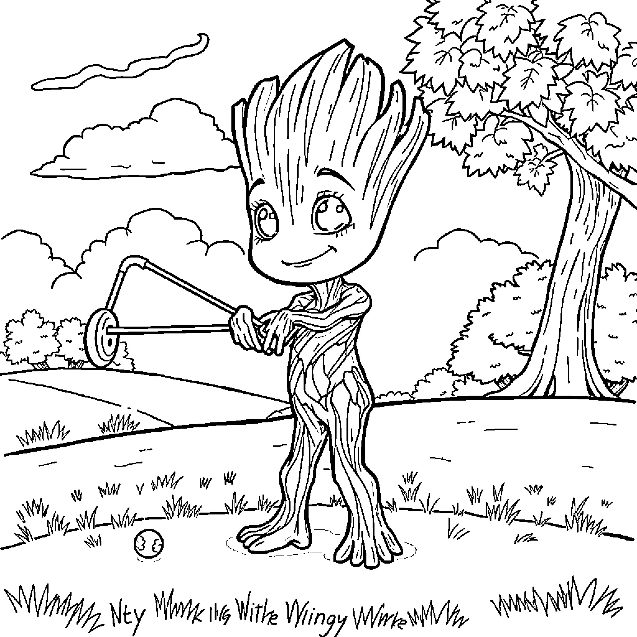 Groot tending to the garden with a watering can Coloring Page (free black-and-white line drawing printable PDF for all, from beginners to advanced learners, including children, teens, adults, and seniors)