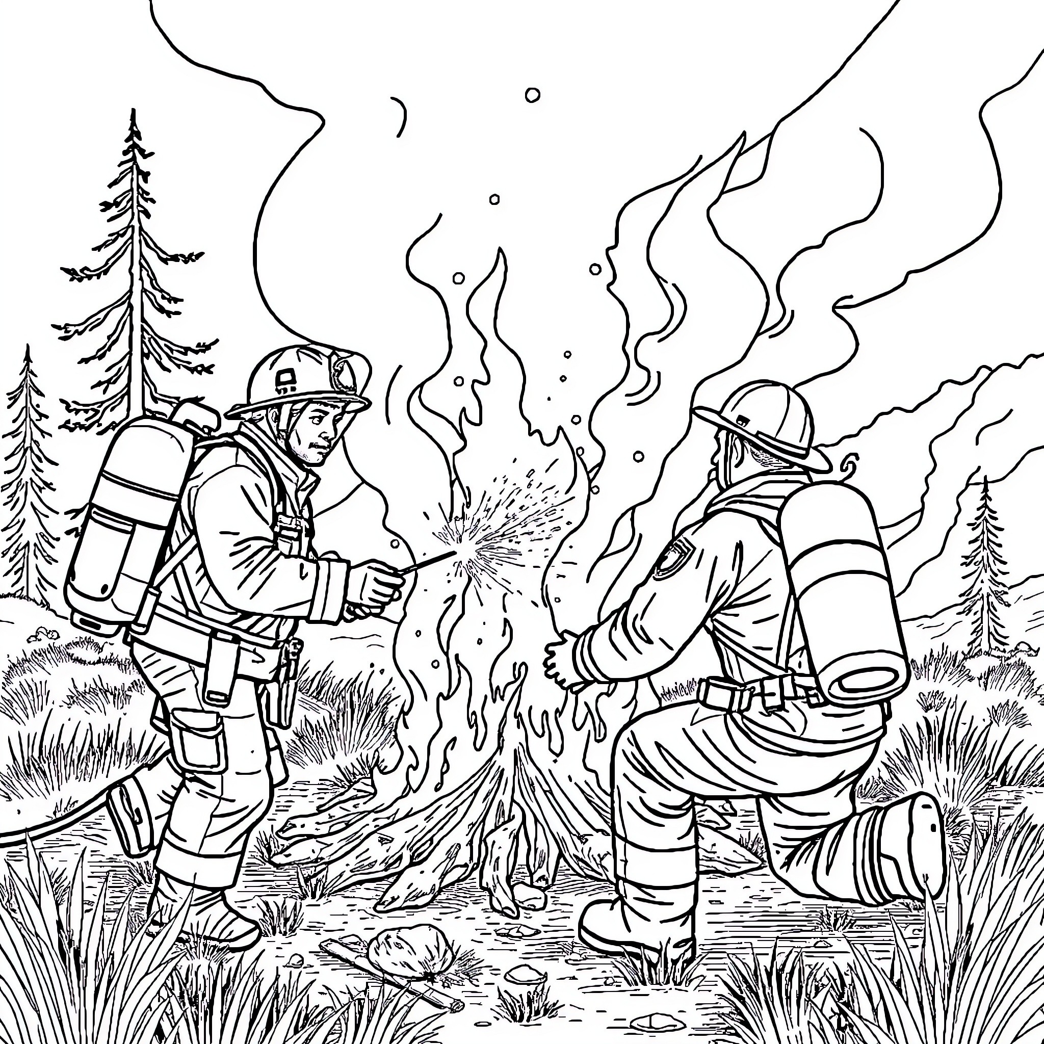 Firefighters battling a blaze in the wilderness Coloring Page (free black-and-white line drawing printable PDF for all, from beginners to advanced learners, including children, teens, adults, and seniors)