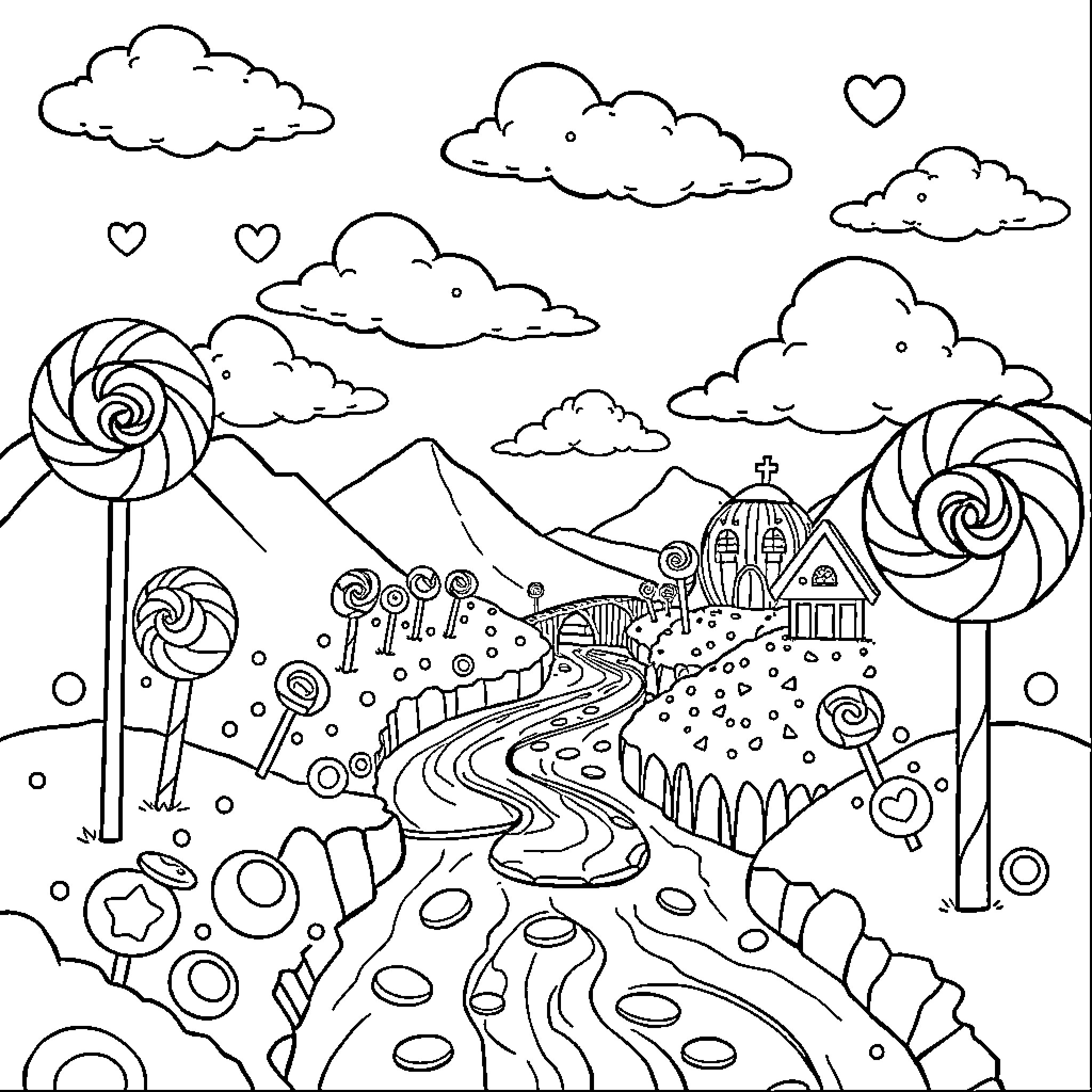 Candy-Coated Wonderland: A Whimsical Landscape Coloring Page (free black-and-white line drawing printable PDF for all, from beginners to advanced learners, including children, teens, adults, and seniors)