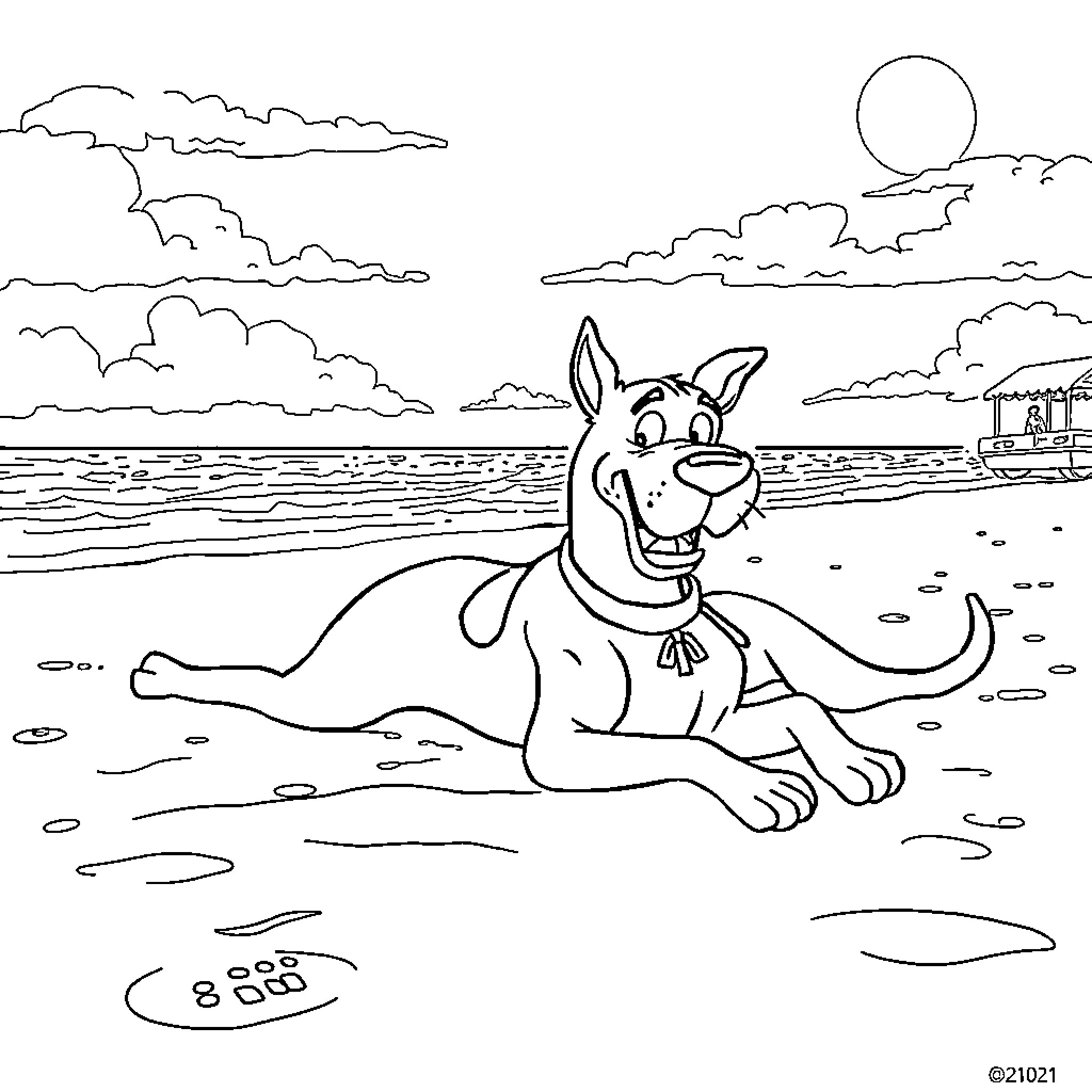 Dogman enjoying a sunny day at the beach Coloring Page (free black-and-white line drawing printable PDF for all, from beginners to advanced learners, including children, teens, adults, and seniors)