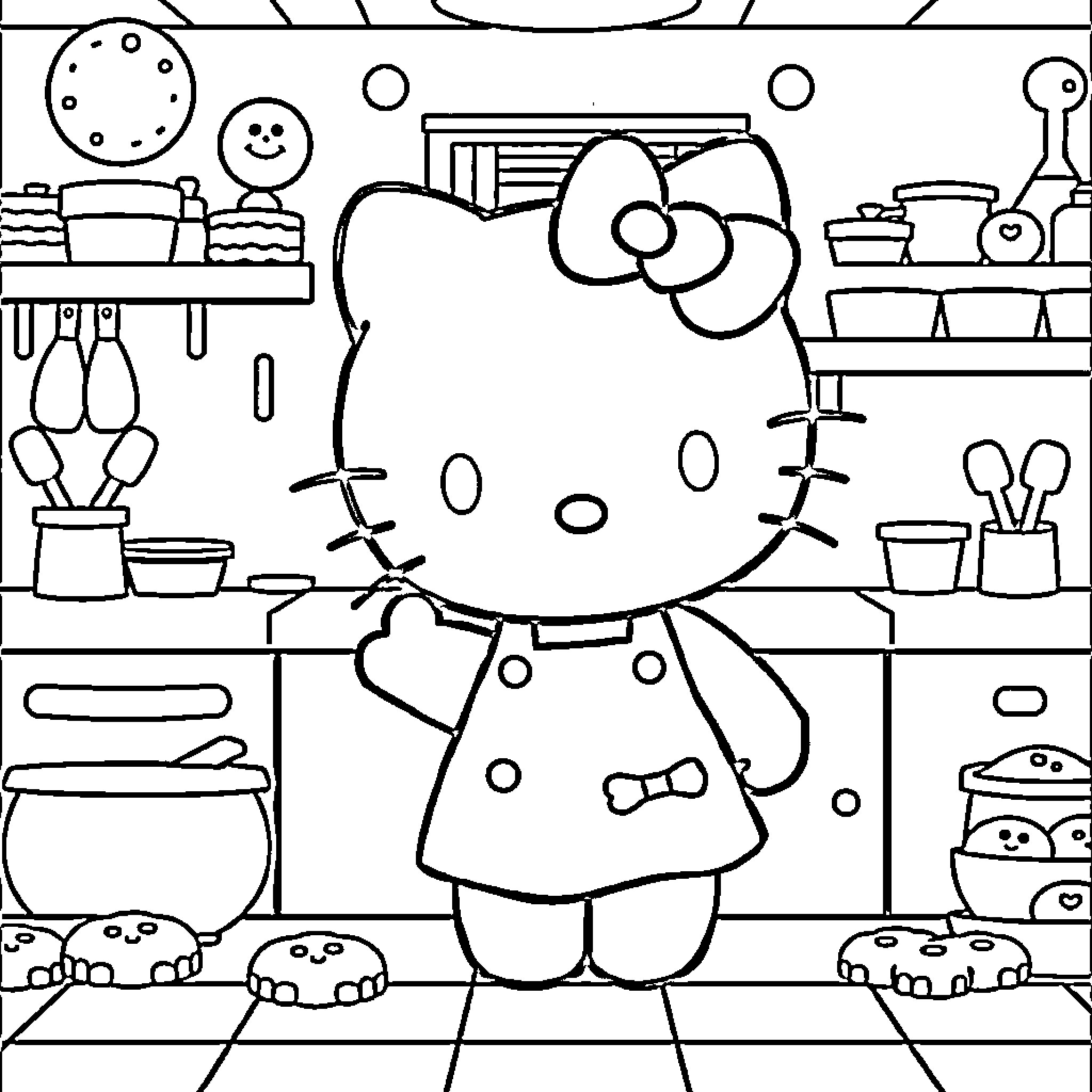 Hello Kitty in her kitchen cooking and baking Coloring Page (free black-and-white line drawing printable PDF for all, from beginners to advanced learners, including children, teens, adults, and seniors)