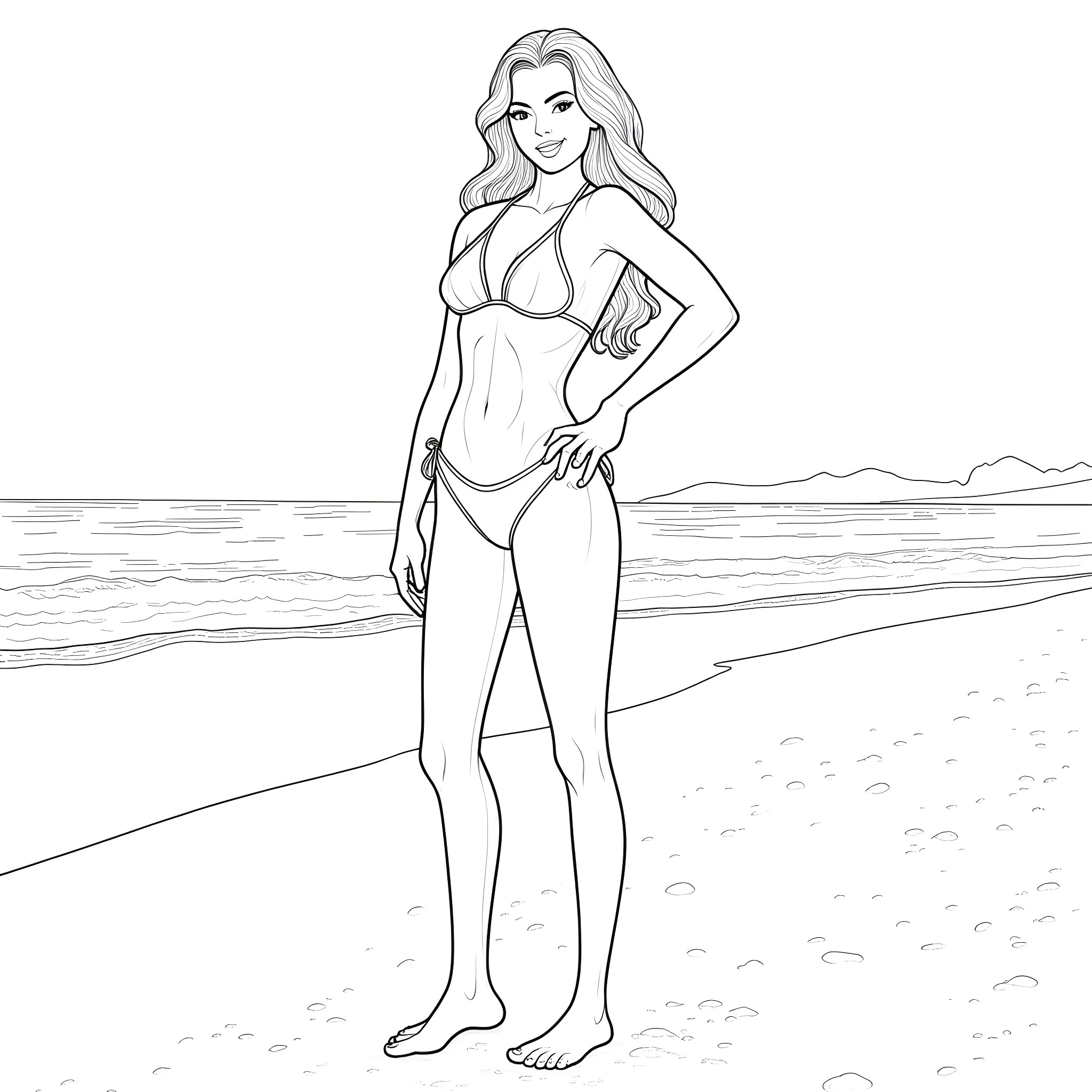 Supergirl enjoying the beach in her superhero attire Coloring Page (free black-and-white line drawing printable PDF for all, from beginners to advanced learners, including children, teens, adults, and seniors)