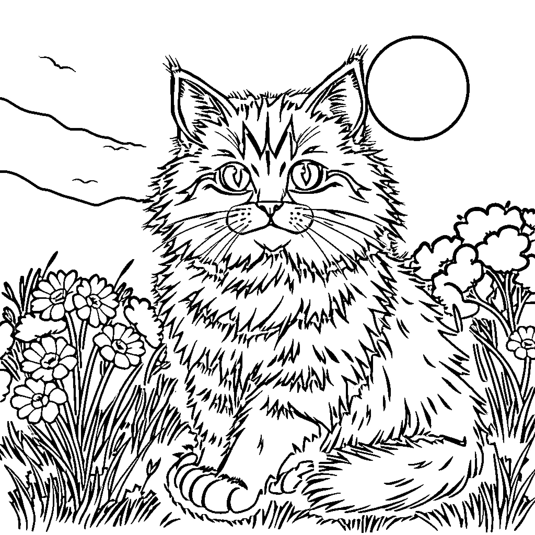 Cat enjoying the outdoors in a floral field Coloring Page (free black-and-white line drawing printable PDF for all, from beginners to advanced learners, including children, teens, adults, and seniors)