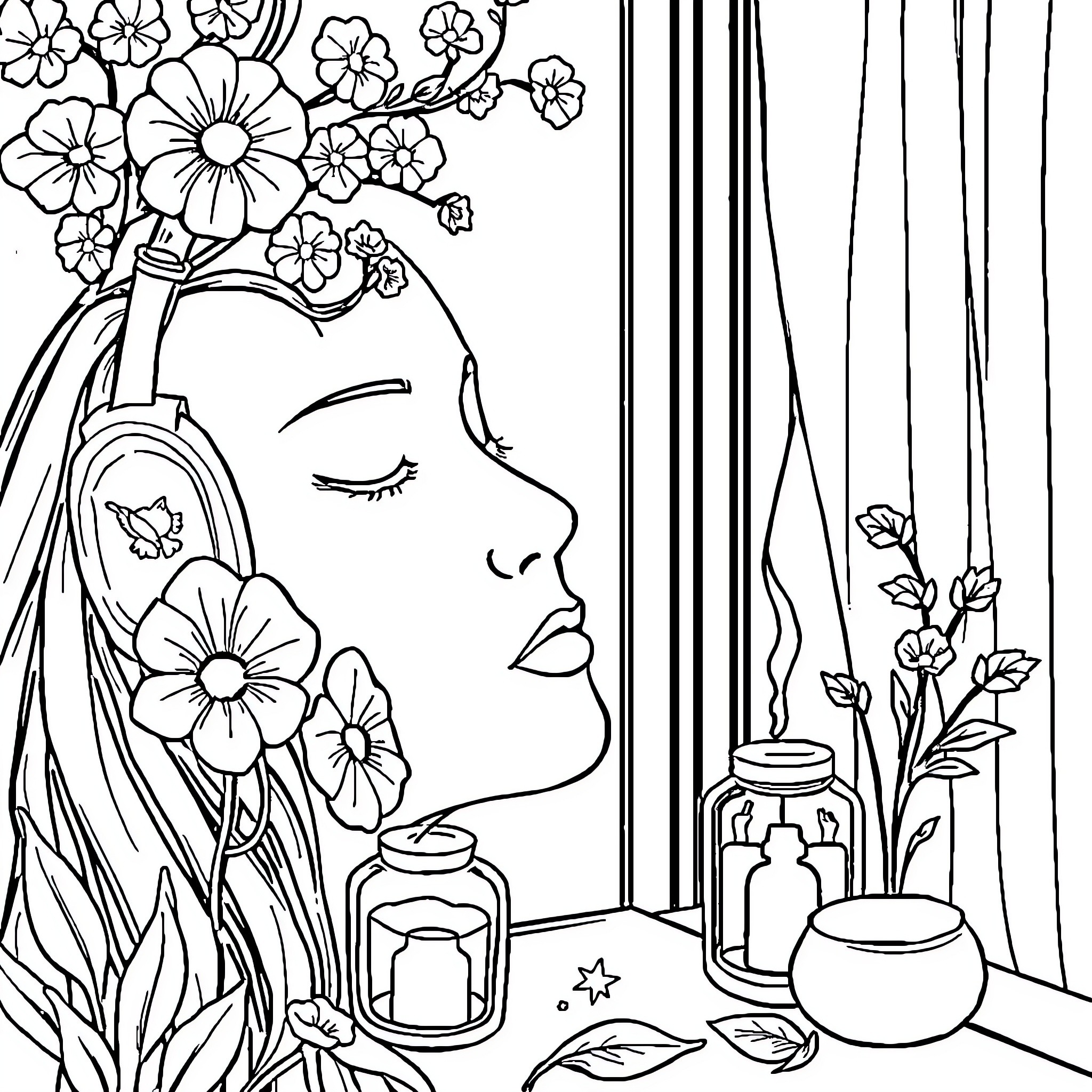 Stress Relief: Woman's Floral Respite Coloring Page (free black-and-white line drawing printable PDF for all, from beginners to advanced learners, including children, teens, adults, and seniors)