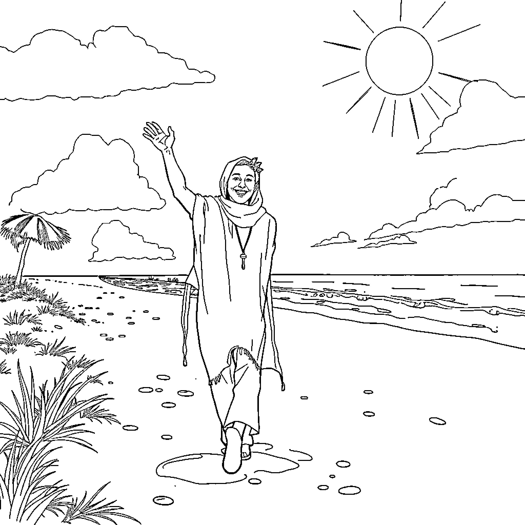 Homme walking joyfully on the beach Coloring Page (free black-and-white line drawing printable PDF for all, from beginners to advanced learners, including children, teens, adults, and seniors)