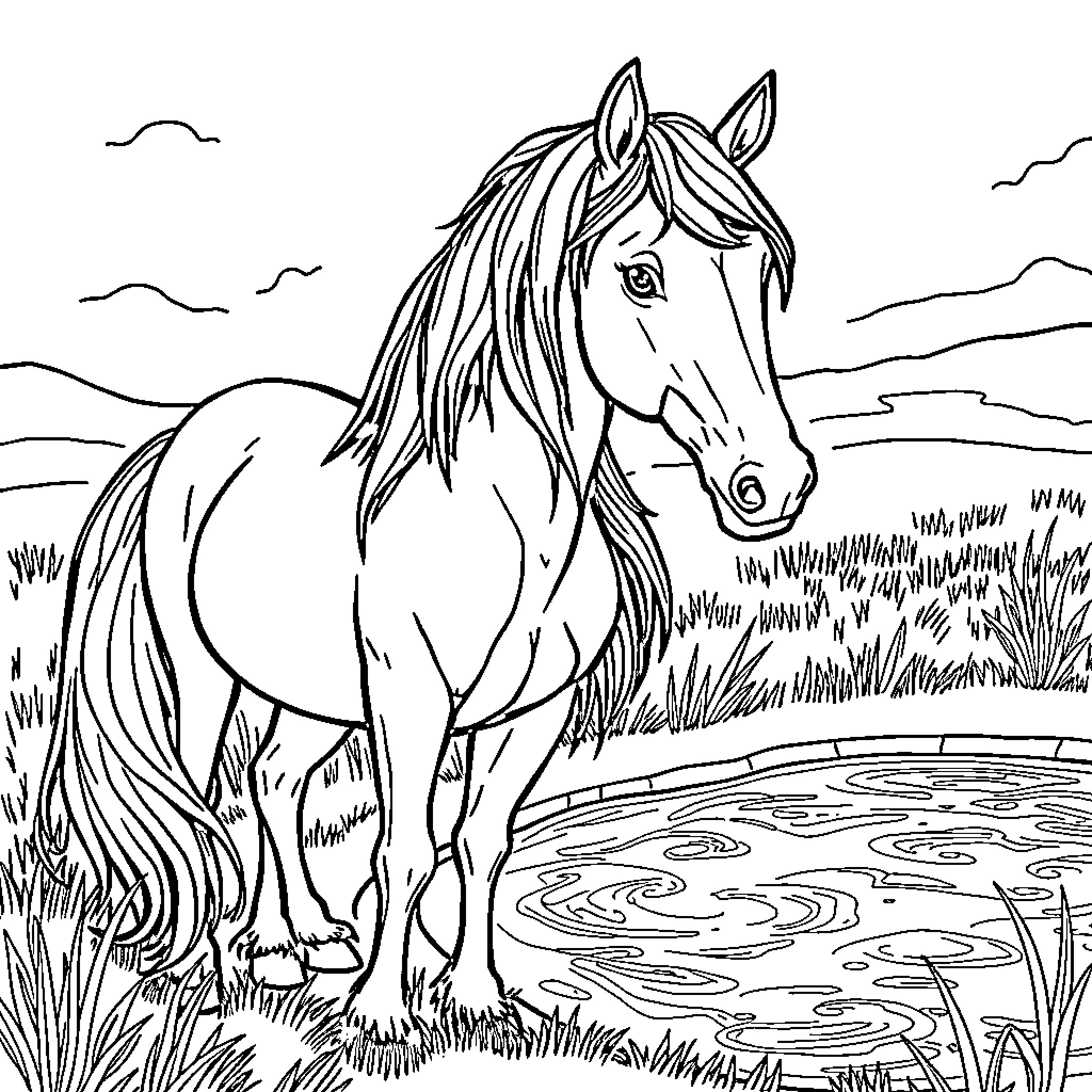Horse standing gracefully in a field Coloring Page (free black-and-white line drawing printable PDF for all, from beginners to advanced learners, including children, teens, adults, and seniors)