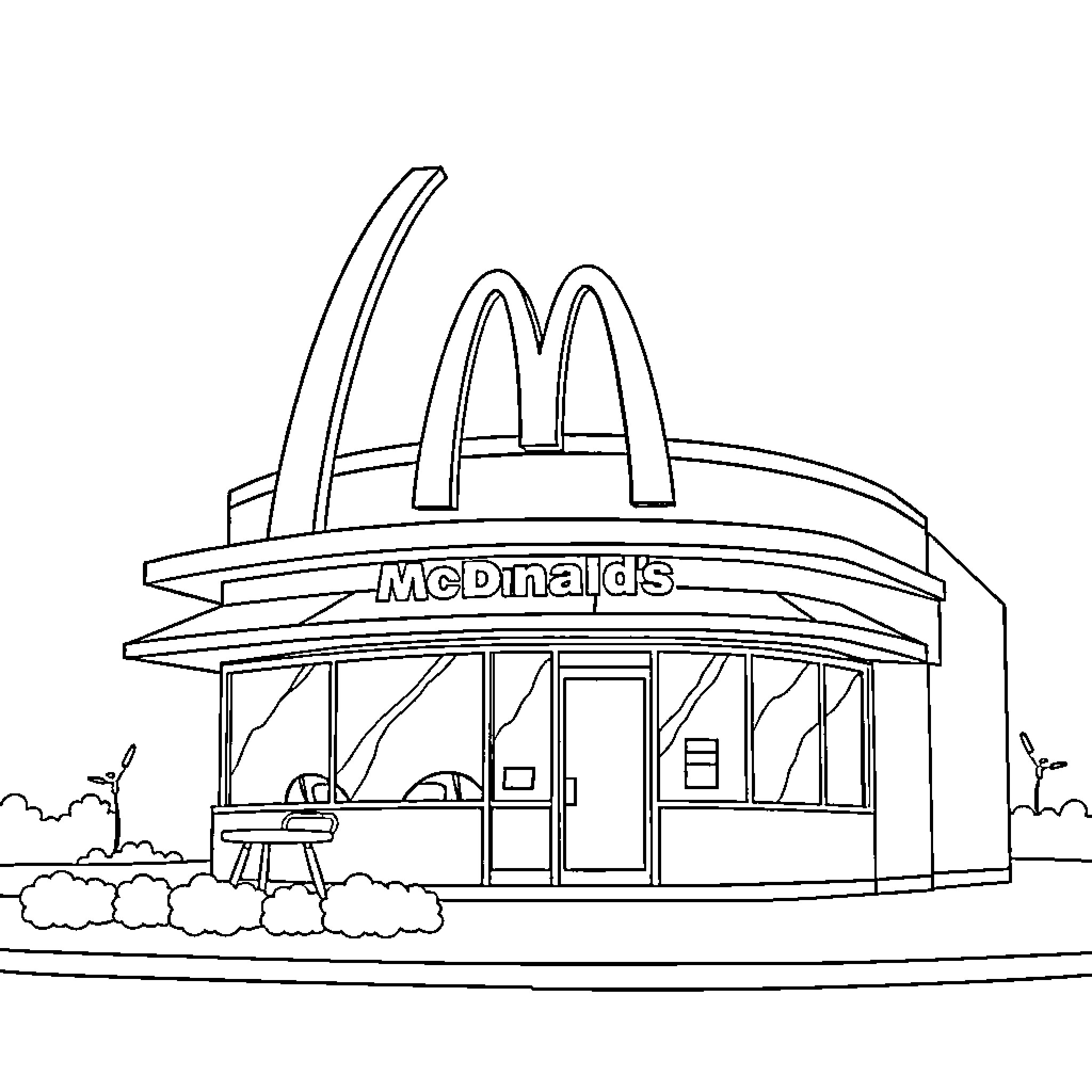 McDonald's restaurant with iconic arches Coloring Page (free black-and-white line drawing printable PDF for all, from beginners to advanced learners, including children, teens, adults, and seniors)