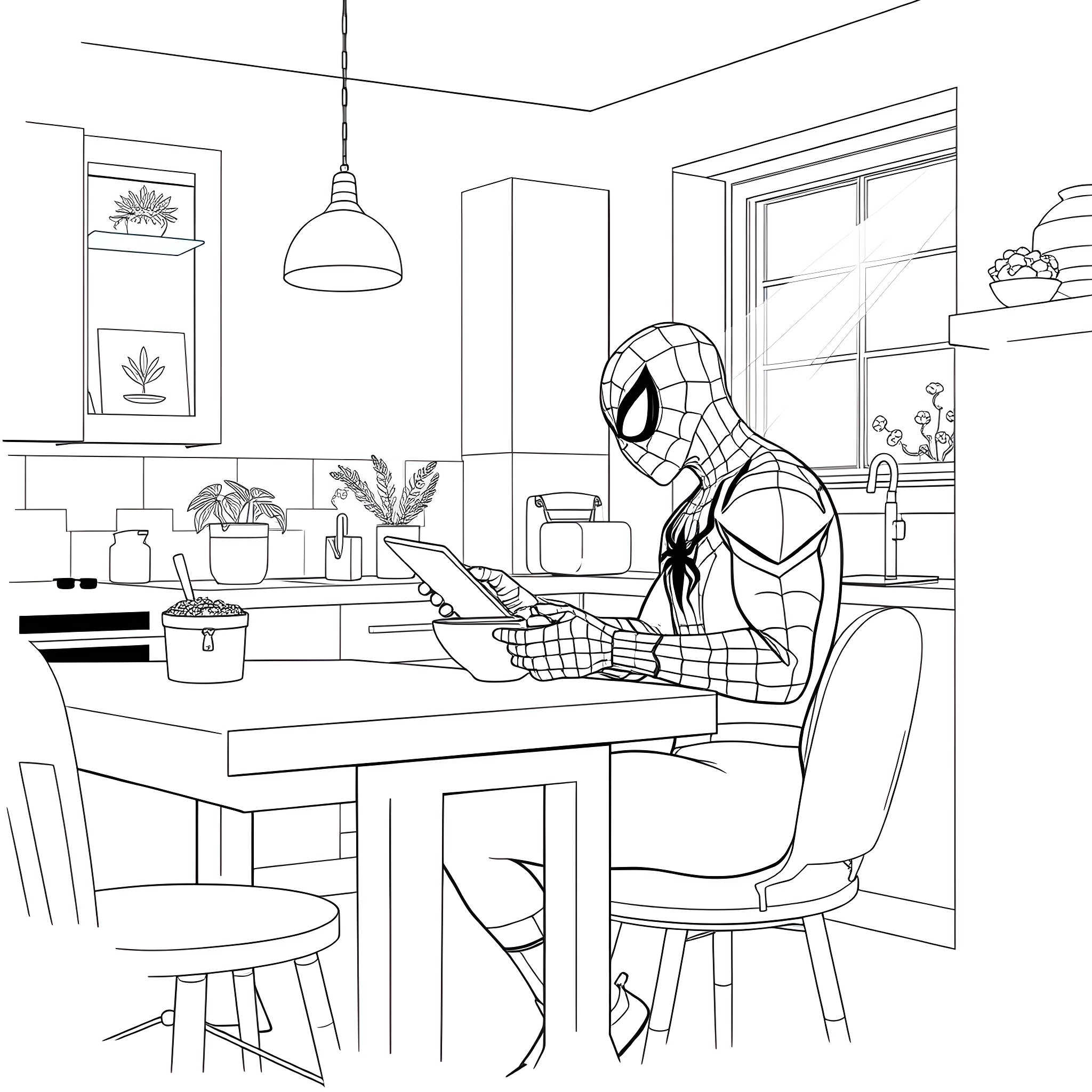 Spiderman working diligently at a desk in his cozy home Coloring Page (free black-and-white line drawing printable PDF for all, from beginners to advanced learners, including children, teens, adults, and seniors)