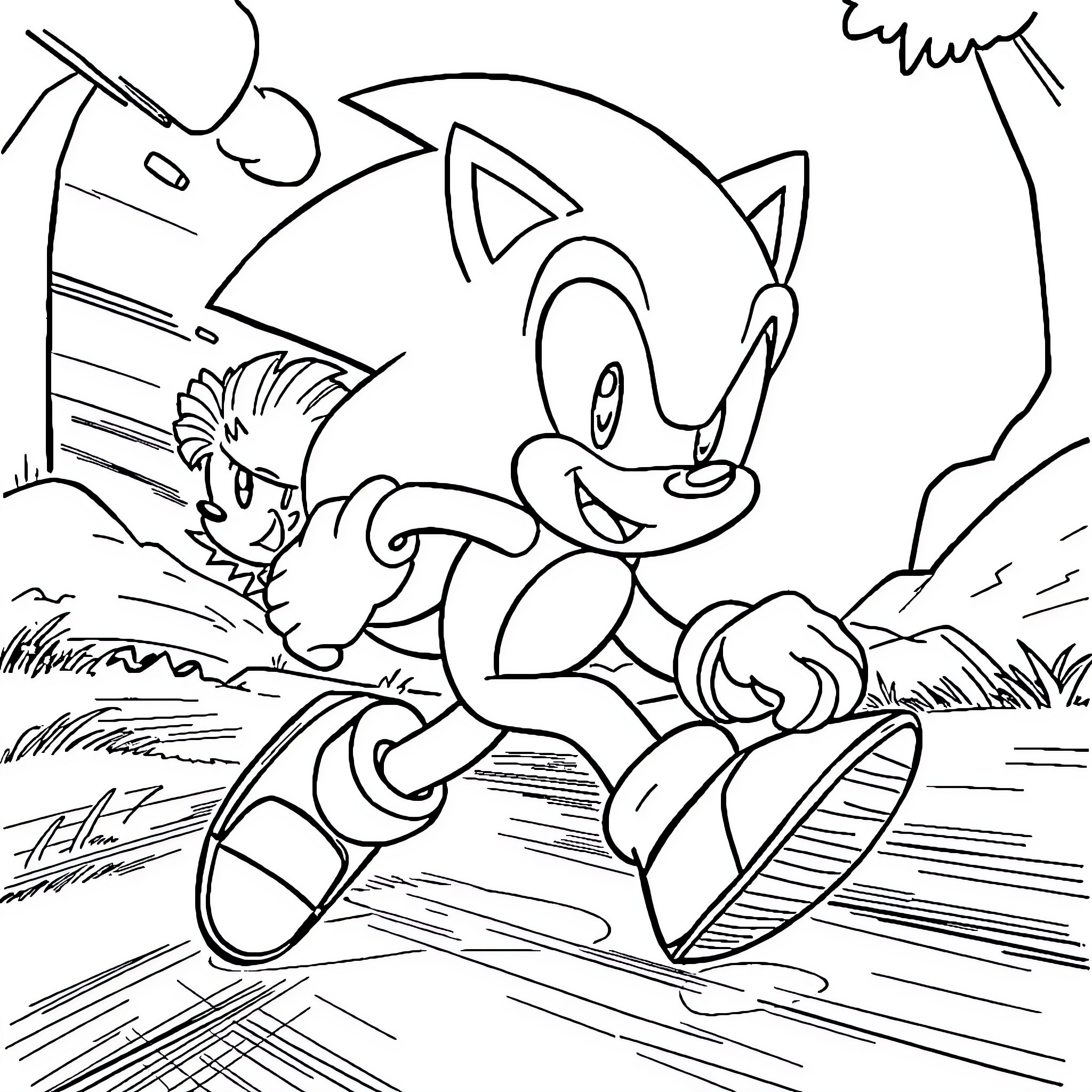 Sonic running playfully in the outdoors Coloring Page (free black-and-white line drawing printable PDF for all, from beginners to advanced learners, including children, teens, adults, and seniors)
