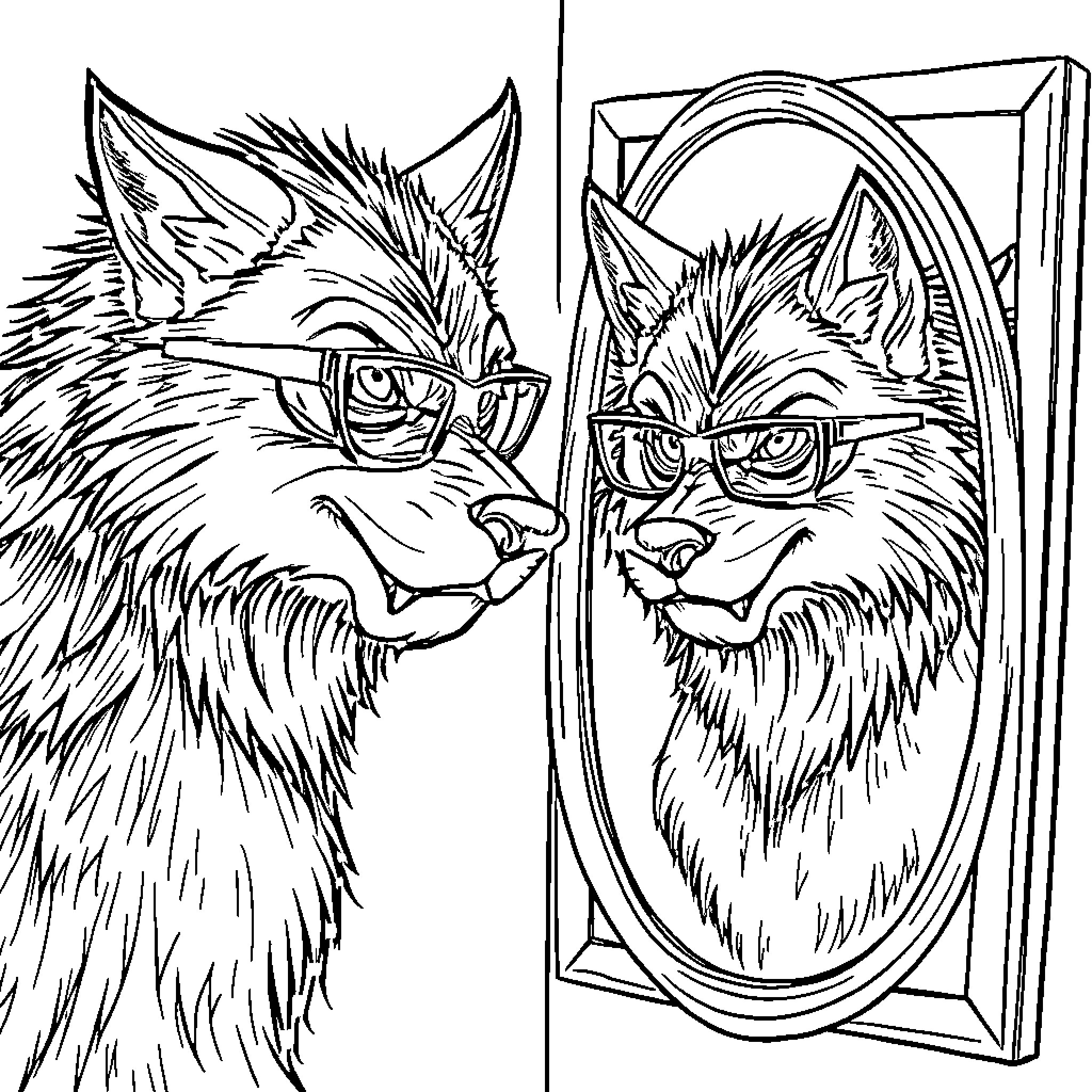 Werewolf gazing at mirror reflection Coloring Page (free black-and-white line drawing printable PDF for all, from beginners to advanced learners, including children, teens, adults, and seniors)