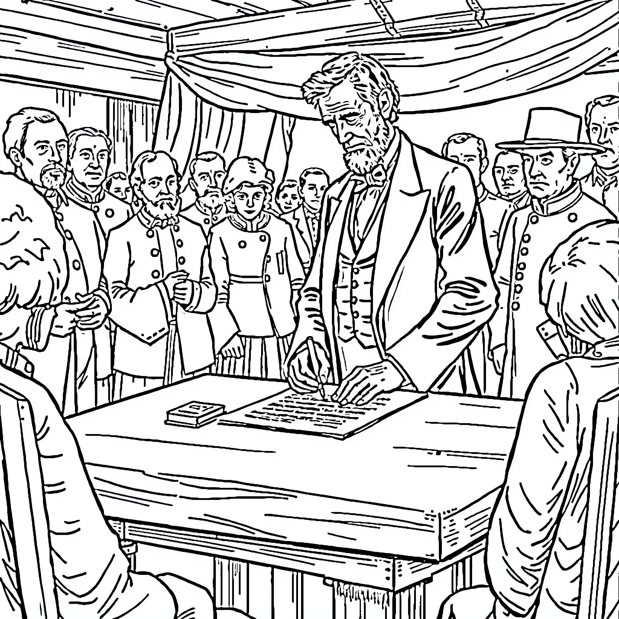 Lincoln Signing Important Document in Formal Setting Coloring Page (free black-and-white line drawing printable PDF for all, from beginners to advanced learners, including children, teens, adults, and seniors)