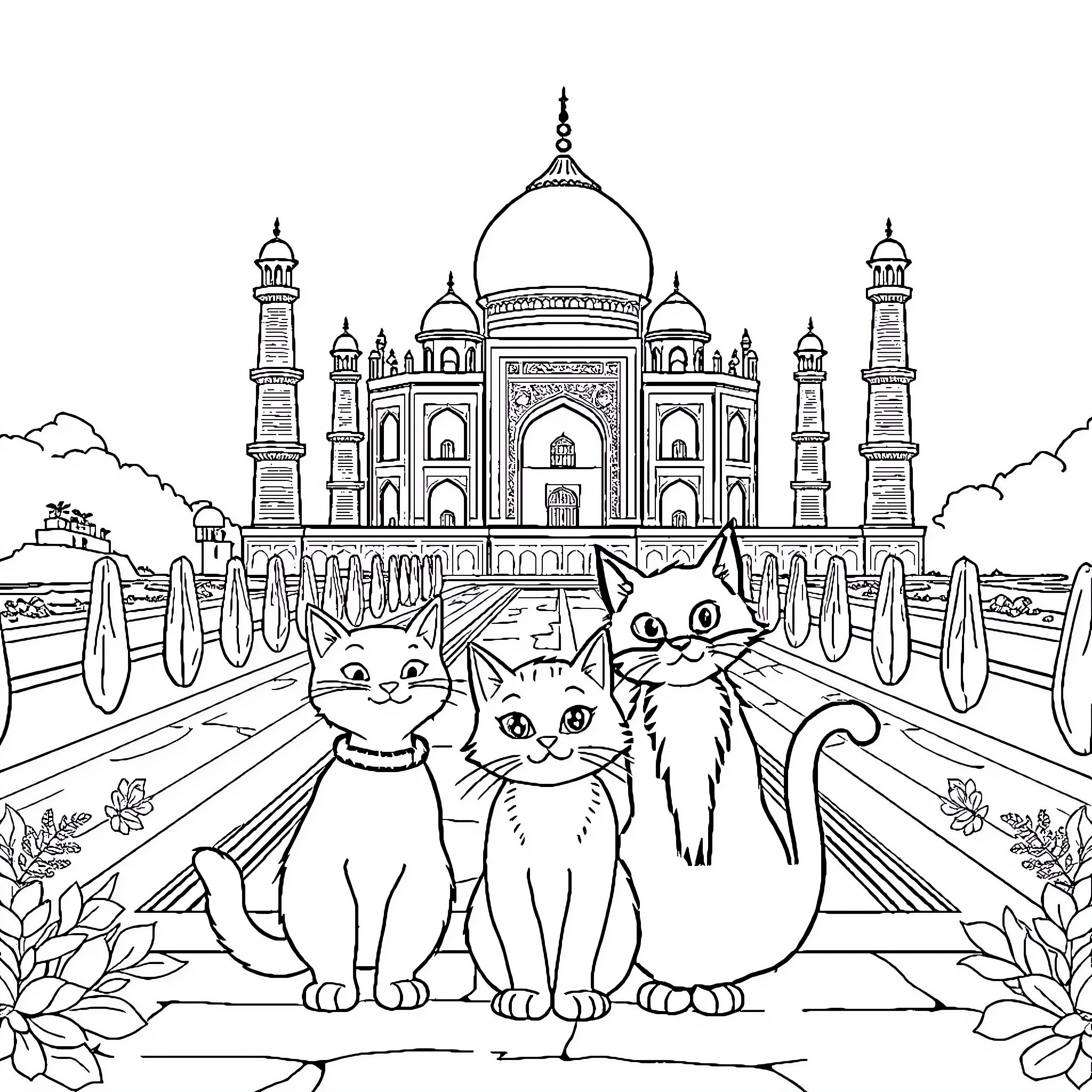 Aristocats Feline Friends Exploring Majestic Palace Coloring Page (free black-and-white line drawing printable PDF for all, from beginners to advanced learners, including children, teens, adults, and seniors)