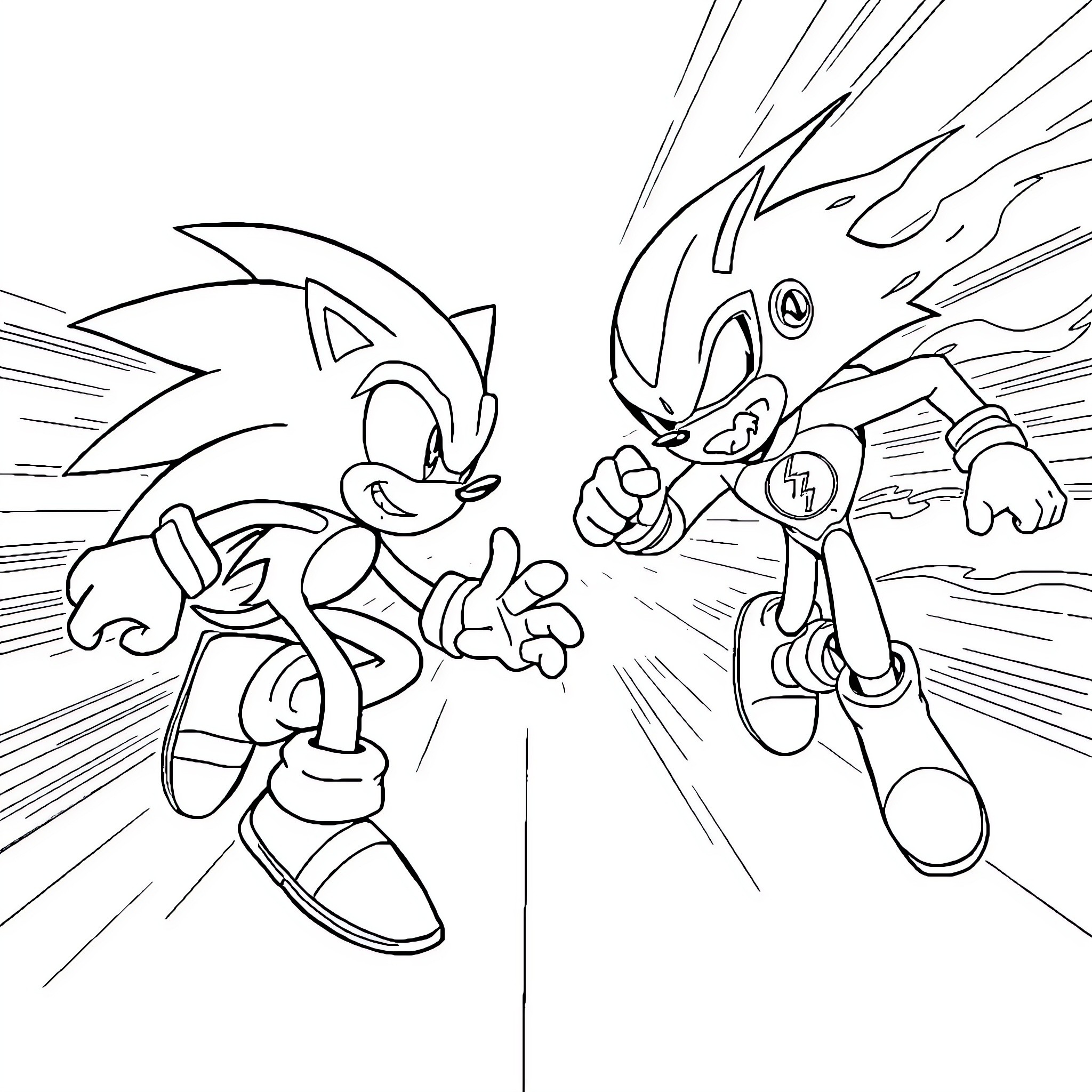 Sonic characters battling with dynamic action Coloring Page (free black-and-white line drawing printable PDF for all, from beginners to advanced learners, including children, teens, adults, and seniors)