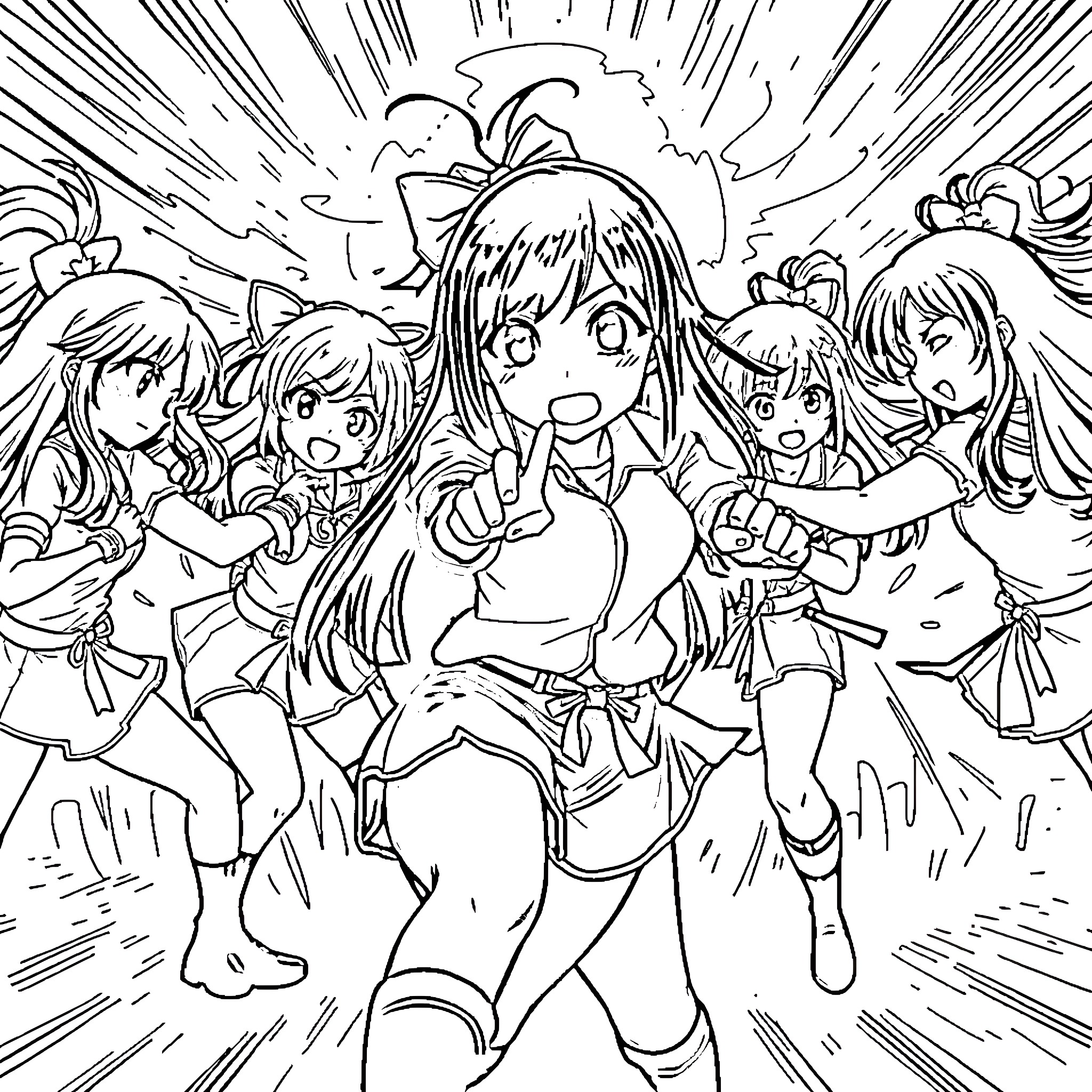 Mia Sakurajima and her friends in an exciting moment Coloring Page (free black-and-white line drawing printable PDF for all, from beginners to advanced learners, including children, teens, adults, and seniors)