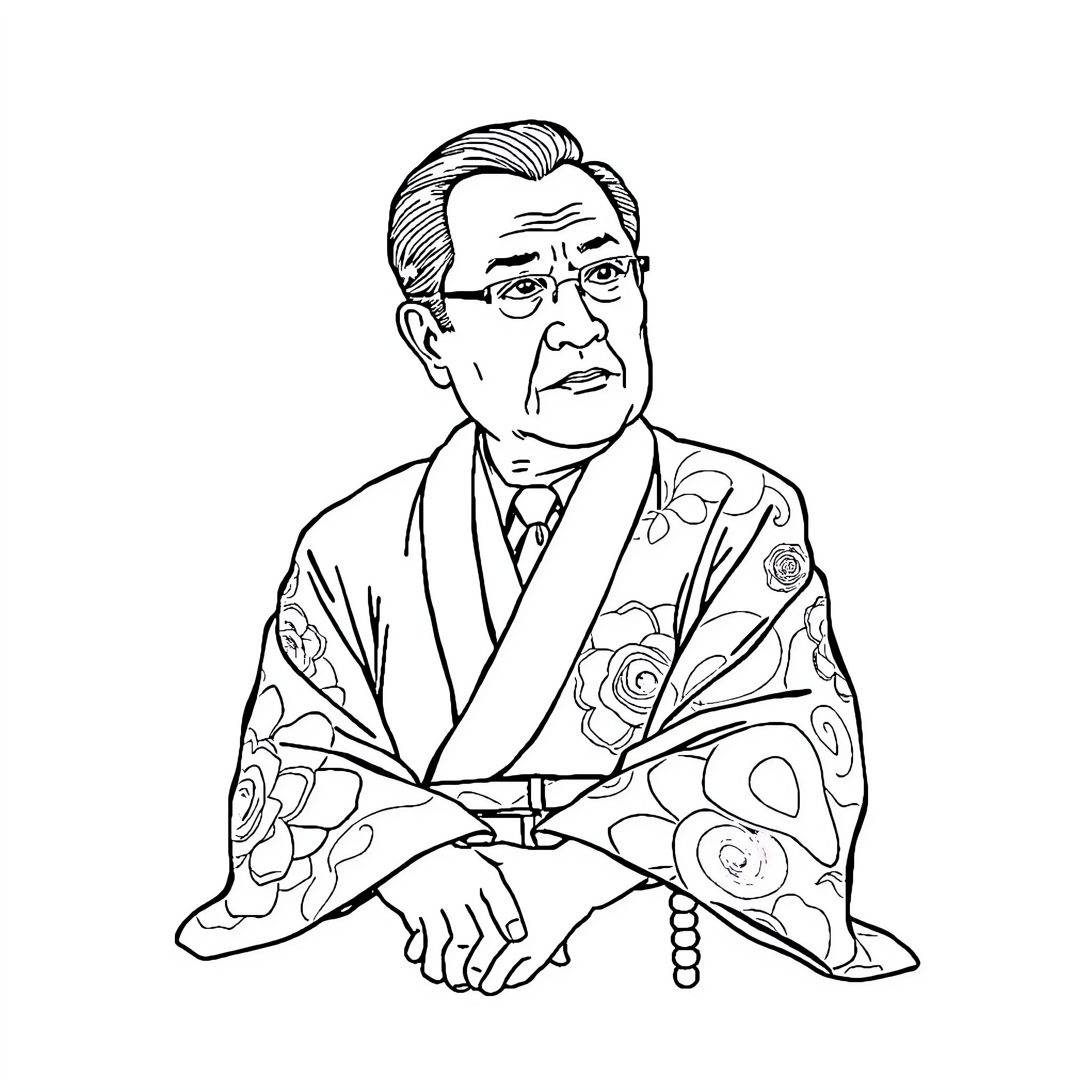 Nixon in Formal Attire with Floral Robe Coloring Page (free black-and-white line drawing printable PDF for all, from beginners to advanced learners, including children, teens, adults, and seniors)