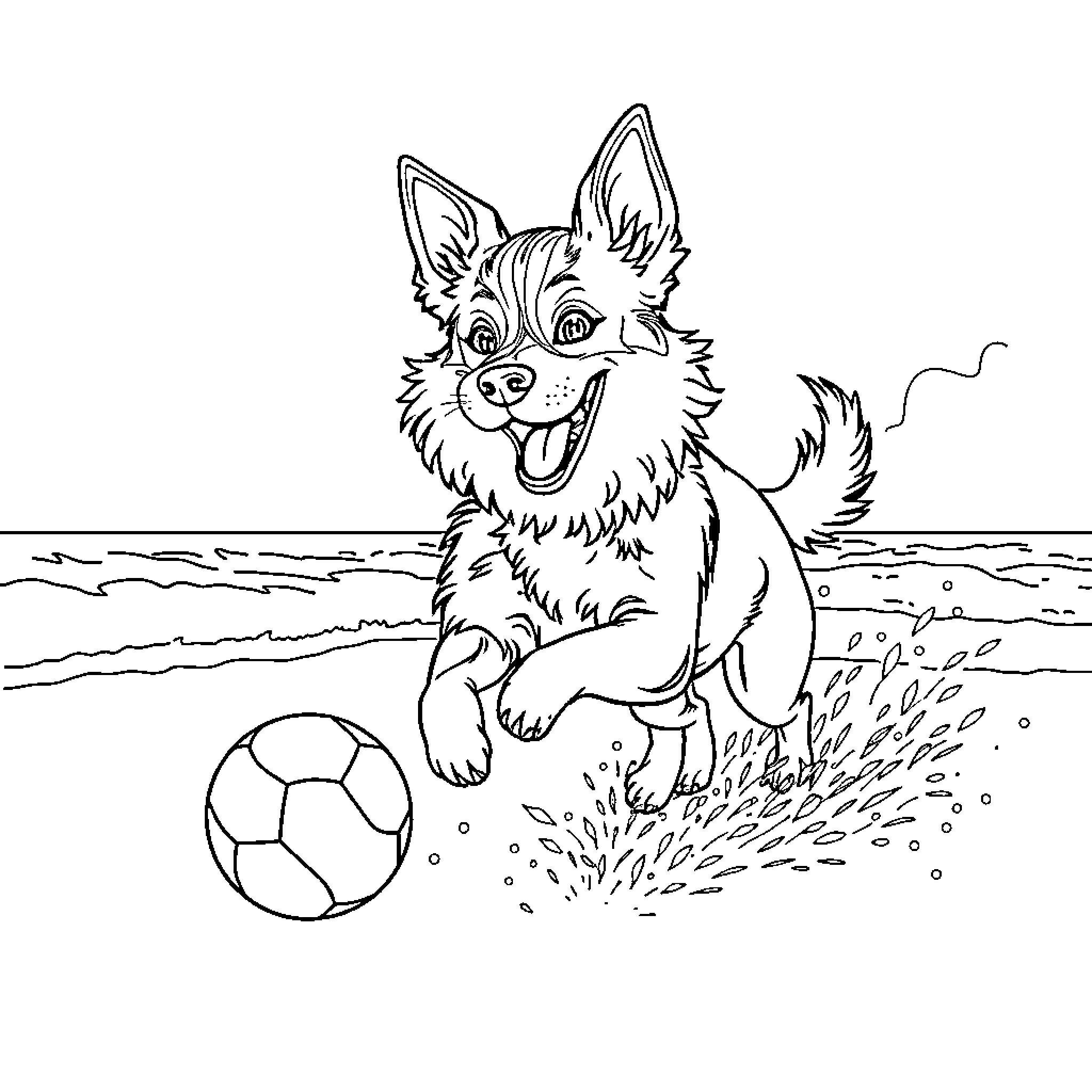 Paw Patrol puppy playing with a soccer ball Coloring Page (free black-and-white line drawing printable PDF for all, from beginners to advanced learners, including children, teens, adults, and seniors)