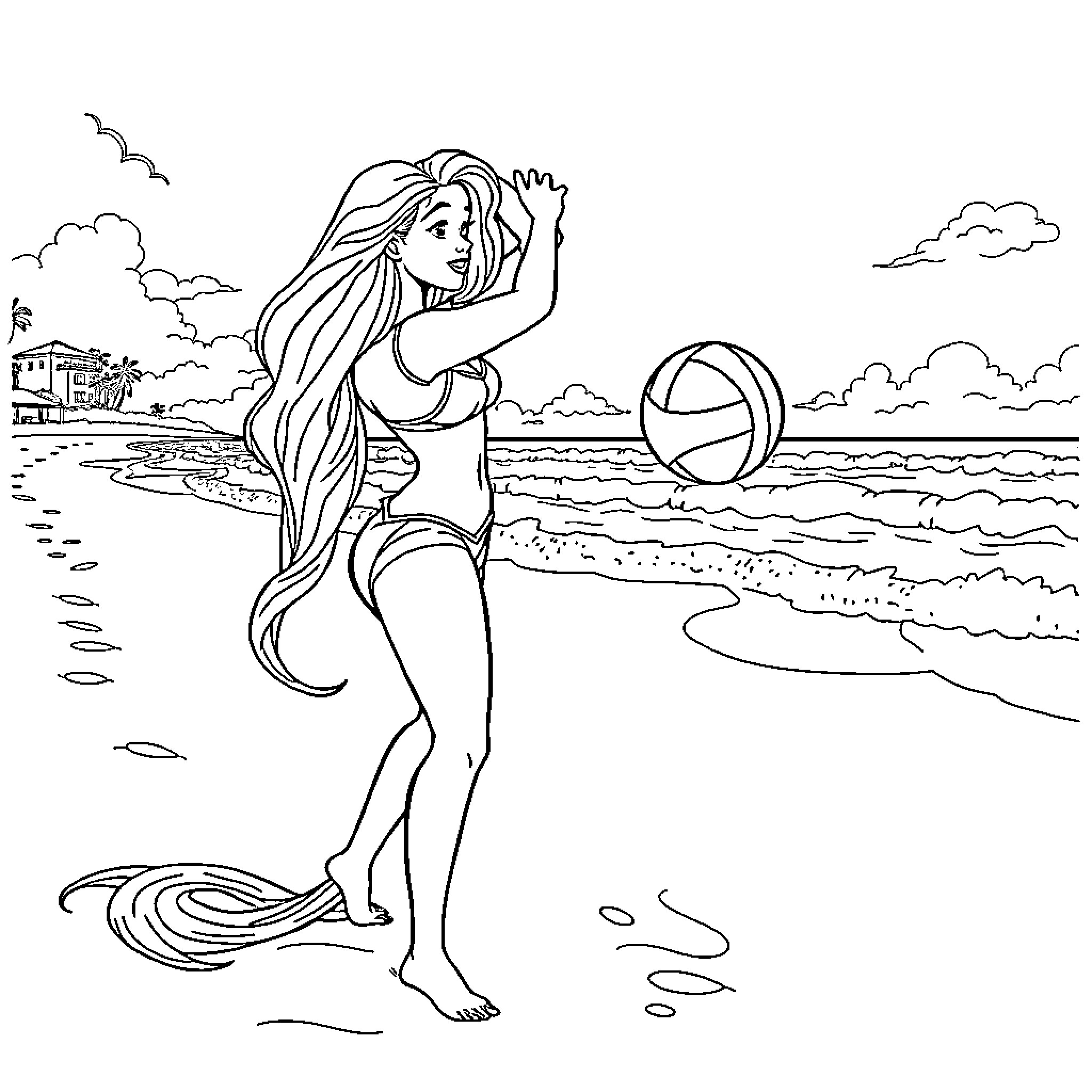 Rapunzel playing joyfully with a beach ball on the shore Coloring Page (free black-and-white line drawing printable PDF for all, from beginners to advanced learners, including children, teens, adults, and seniors)