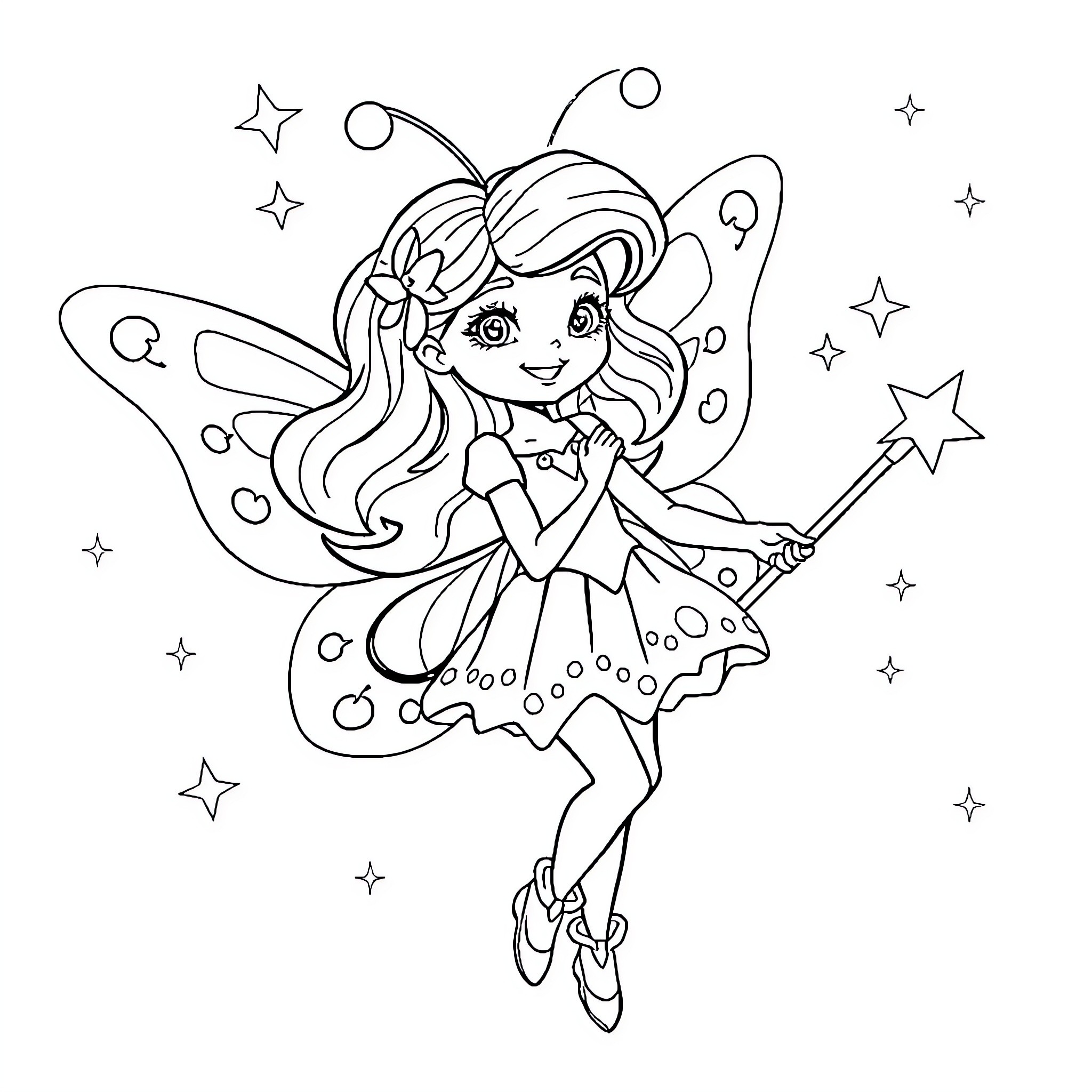 Star Fairy Casting Magical Spells with Wand Coloring Page (free black-and-white line drawing printable PDF for all, from beginners to advanced learners, including children, teens, adults, and seniors)