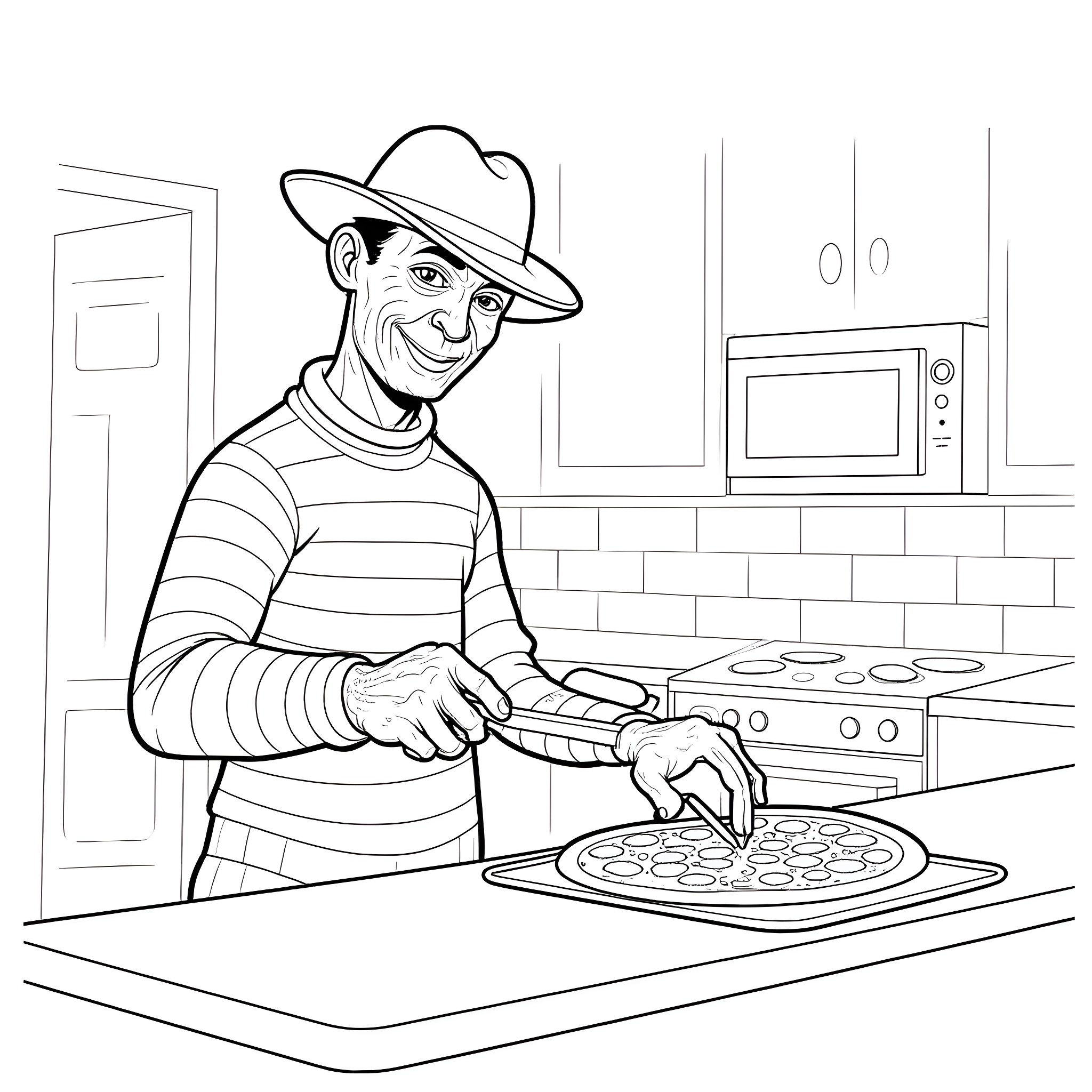 Freddy Krueger preparing a tasty meal in the kitchen Coloring Page (free black-and-white line drawing printable PDF for all, from beginners to advanced learners, including children, teens, adults, and seniors)