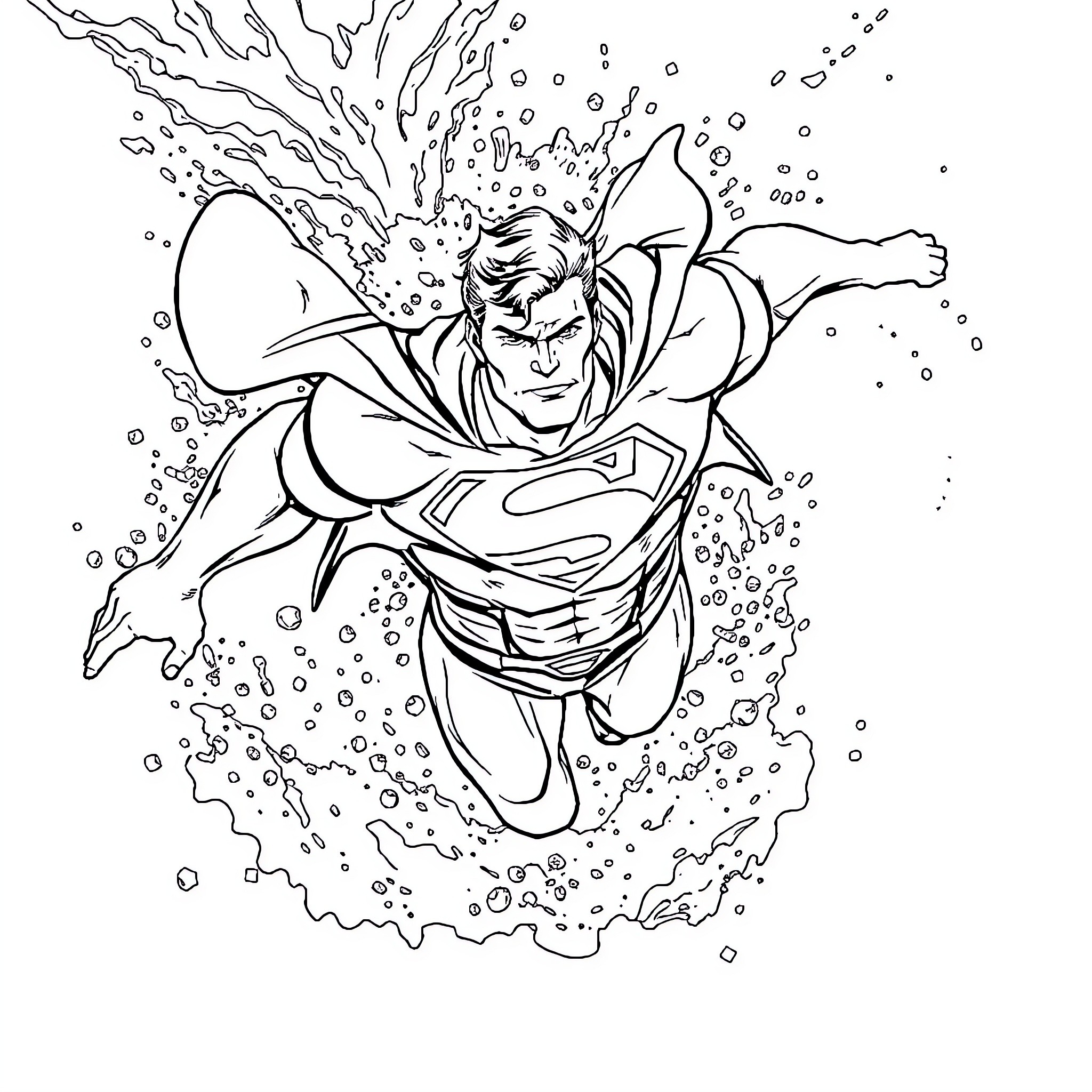 Superman soaring through the air with power Coloring Page (free black-and-white line drawing printable PDF for all, from beginners to advanced learners, including children, teens, adults, and seniors)