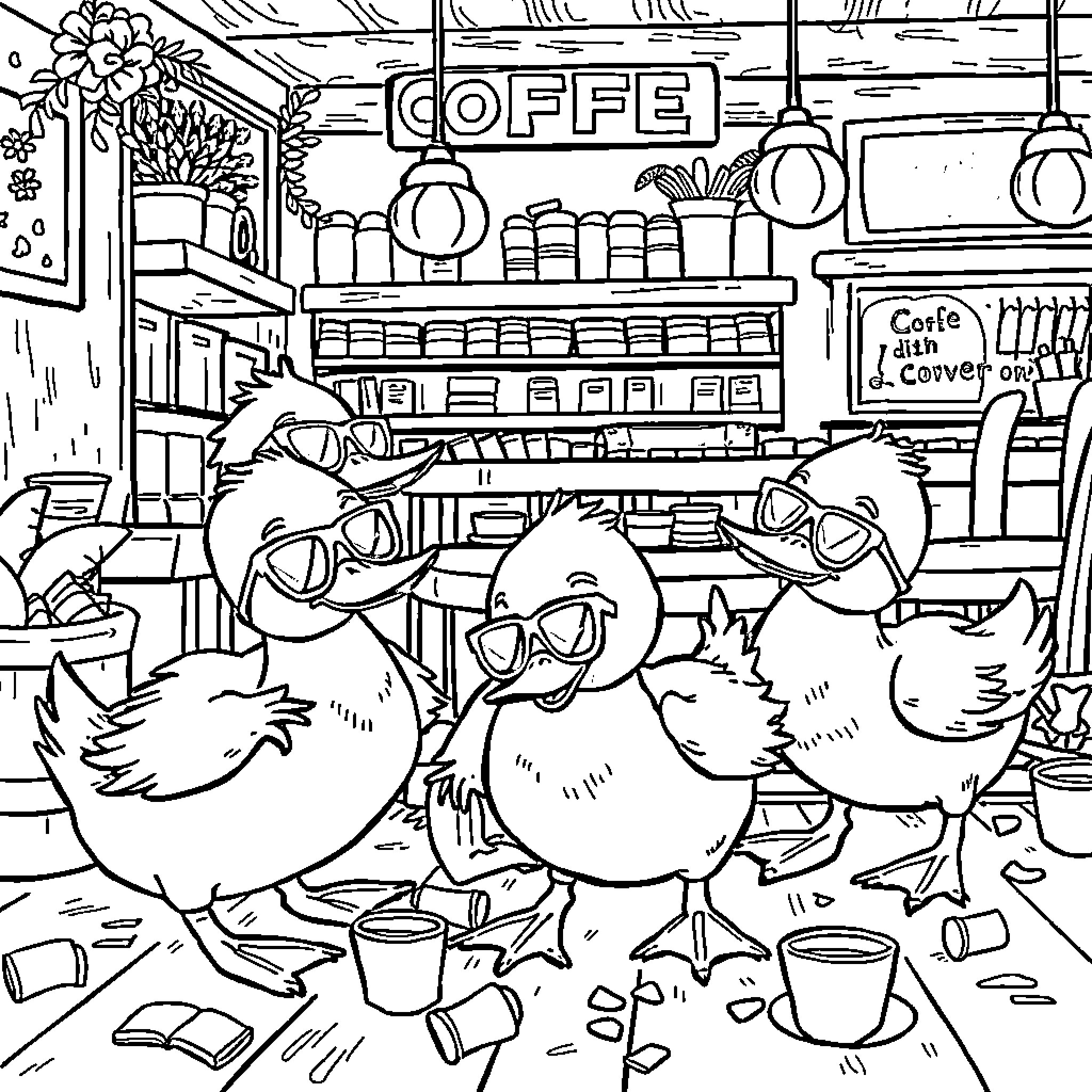 Duck friends exploring a cozy coffee shop Coloring Page (free black-and-white line drawing printable PDF for all, from beginners to advanced learners, including children, teens, adults, and seniors)