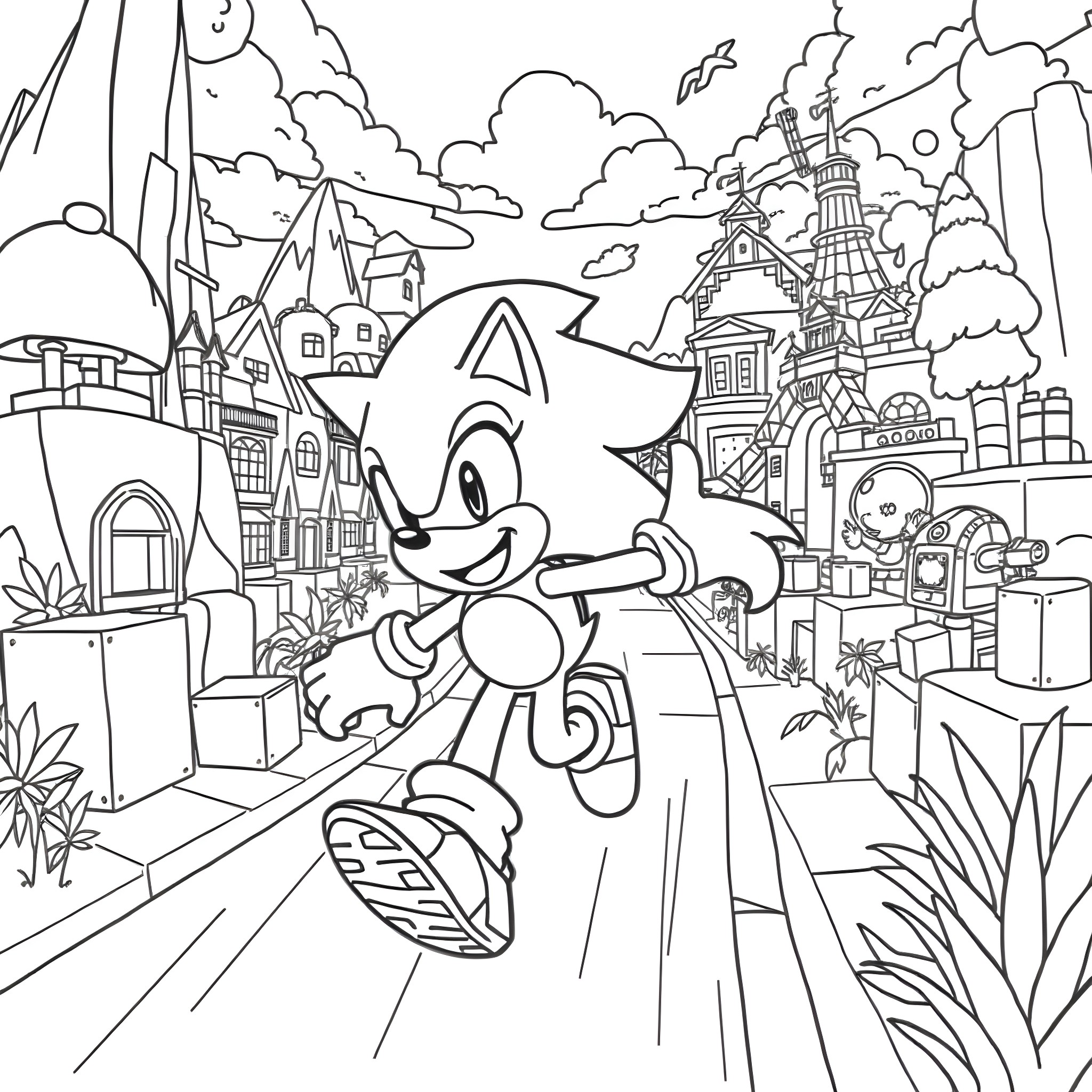 Sonic running through a fantastical cityscape Coloring Page (free black-and-white line drawing printable PDF for all, from beginners to advanced learners, including children, teens, adults, and seniors)