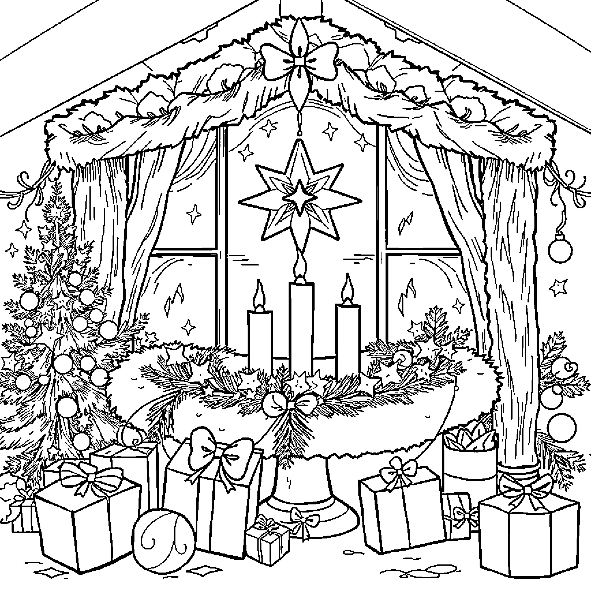 Noel's Festive Winter Wonderland Coloring Page (free black-and-white line drawing printable PDF for all, from beginners to advanced learners, including children, teens, adults, and seniors)