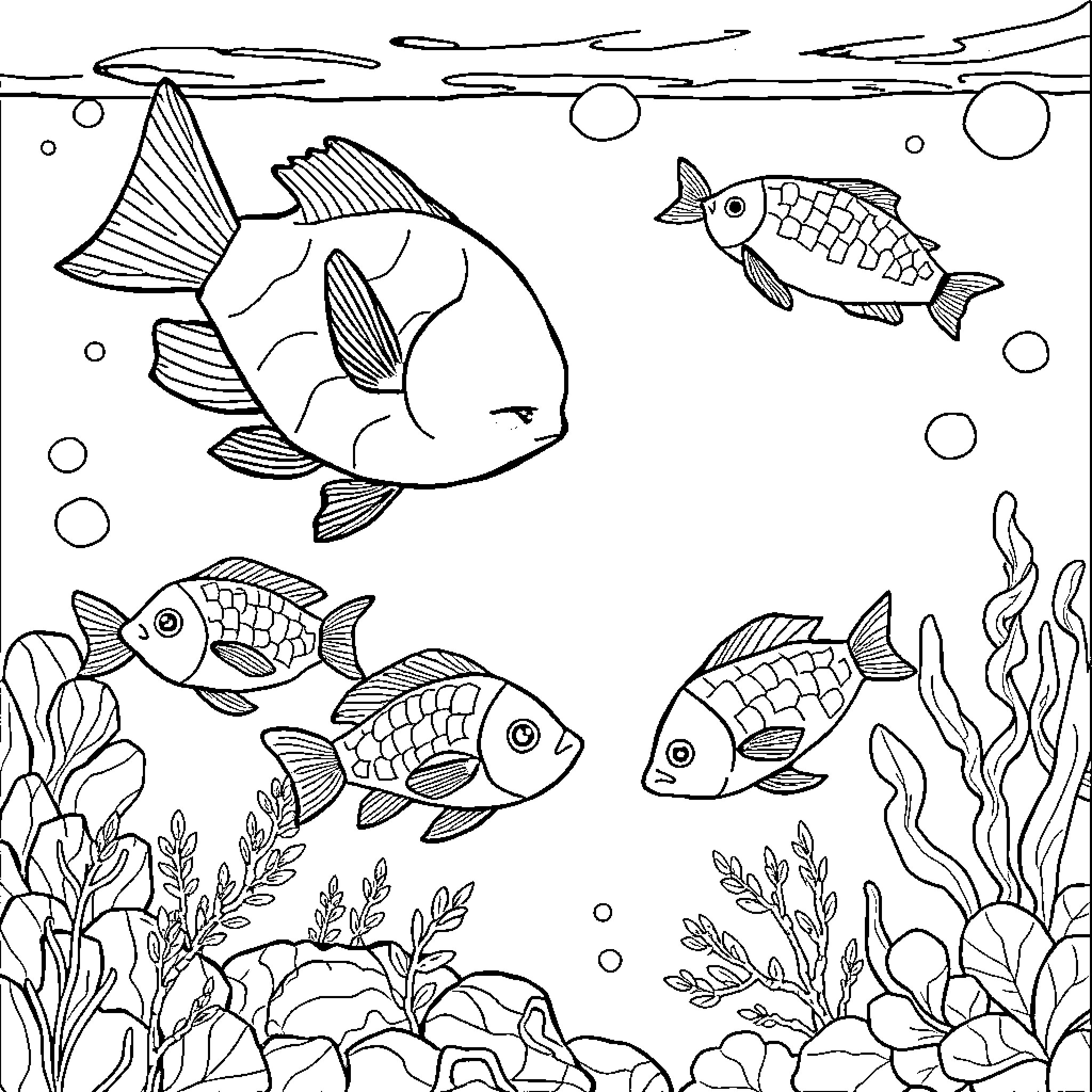 Fish Swimming Gracefully in Underwater Garden Coloring Page (free black-and-white line drawing printable PDF for all, from beginners to advanced learners, including children, teens, adults, and seniors)