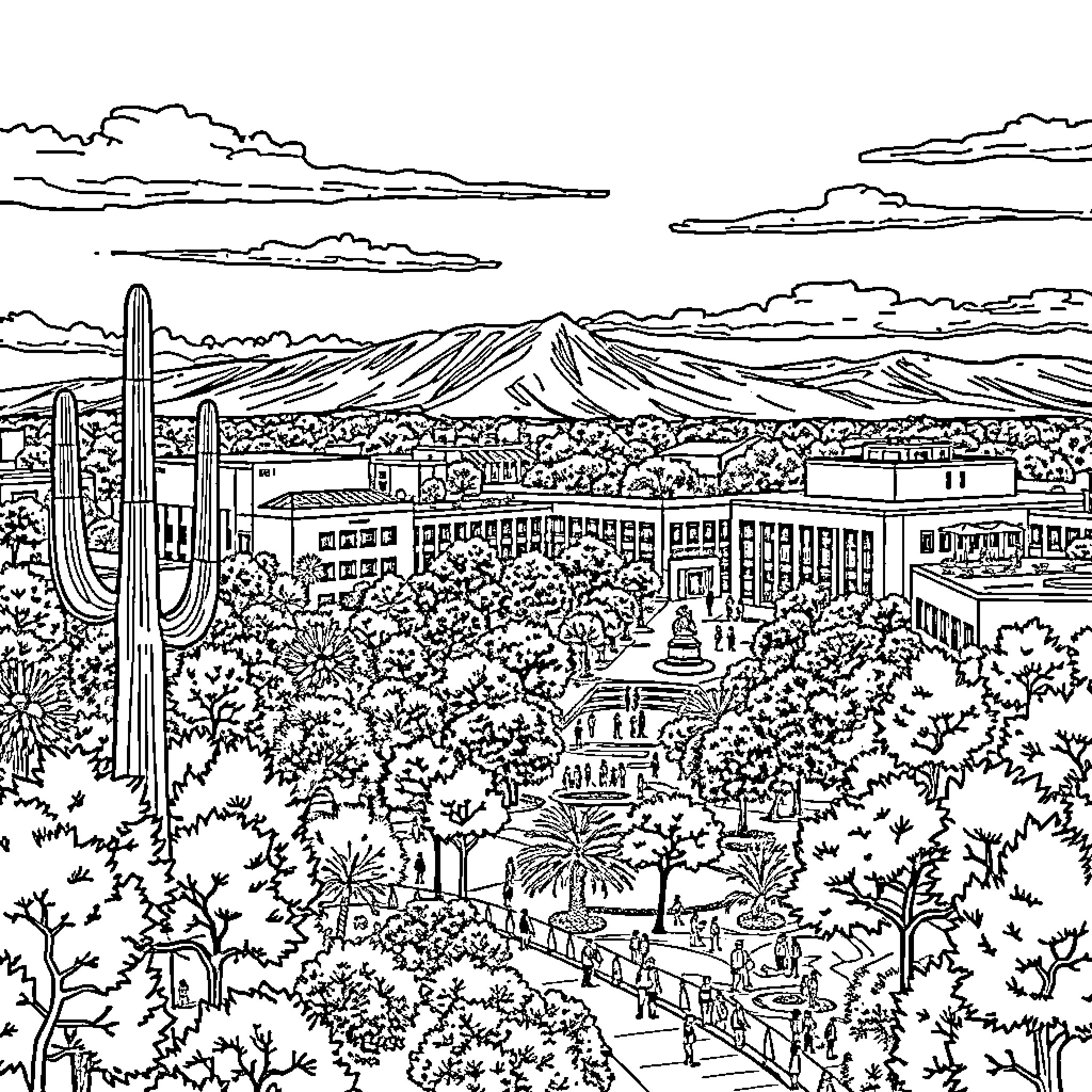 Arizona State University Campus Landscape Illustration Coloring Page (free black-and-white line drawing printable PDF for all, from beginners to advanced learners, including children, teens, adults, and seniors)