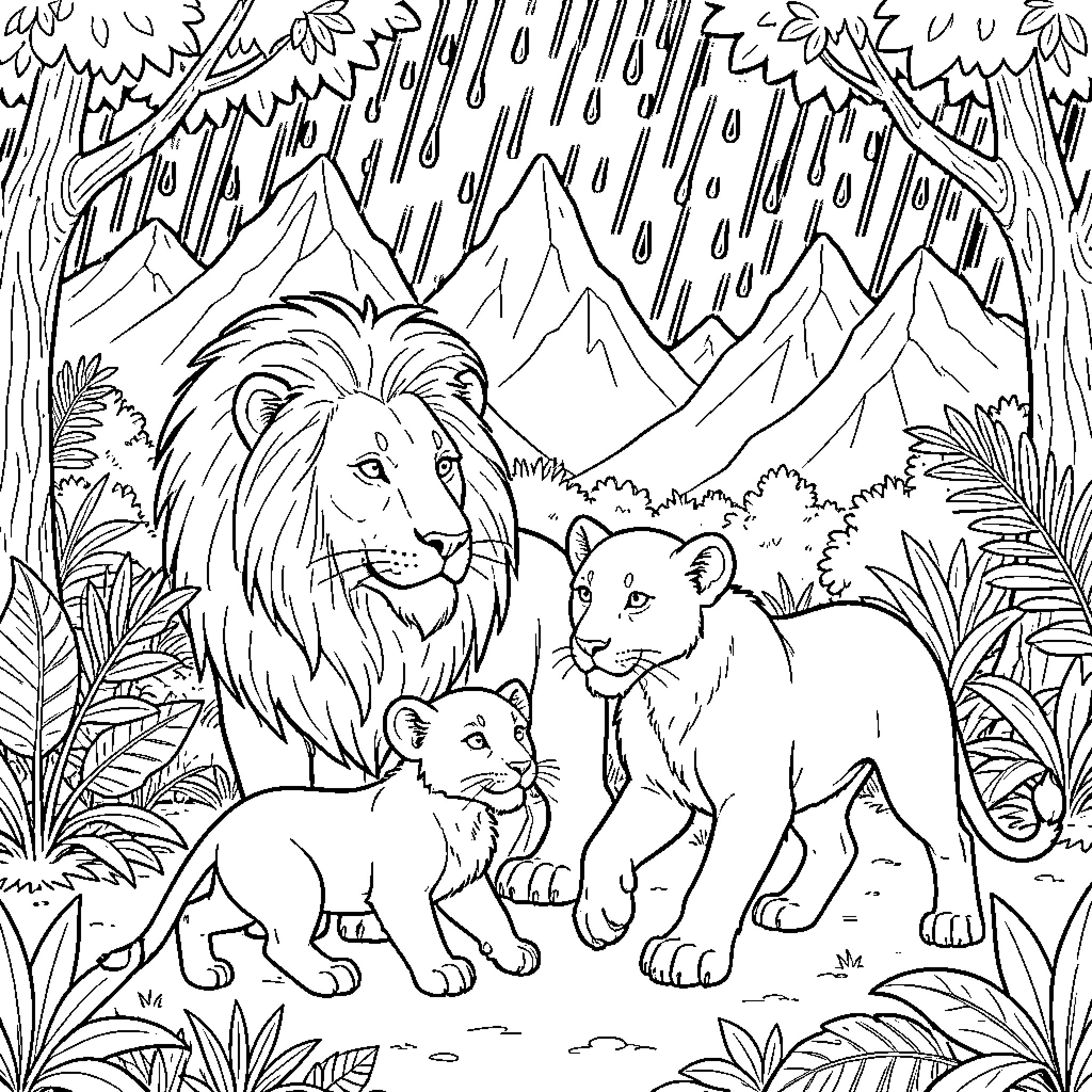 Lion family in the rainy jungle landscape Coloring Page (free black-and-white line drawing printable PDF for all, from beginners to advanced learners, including children, teens, adults, and seniors)