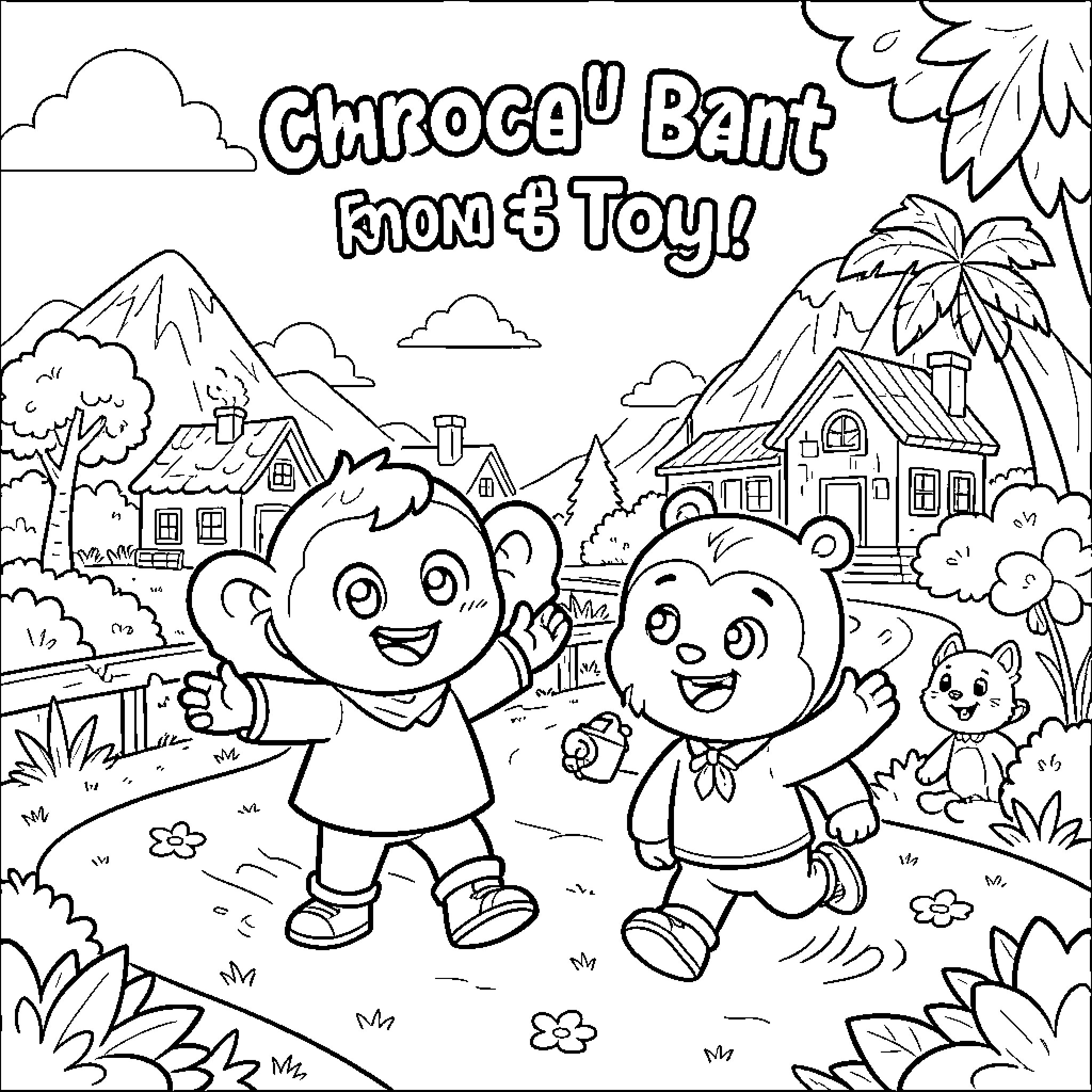Chiku Banti Exploring the Toy Town Coloring Page (free black-and-white line drawing printable PDF for all, from beginners to advanced learners, including children, teens, adults, and seniors)