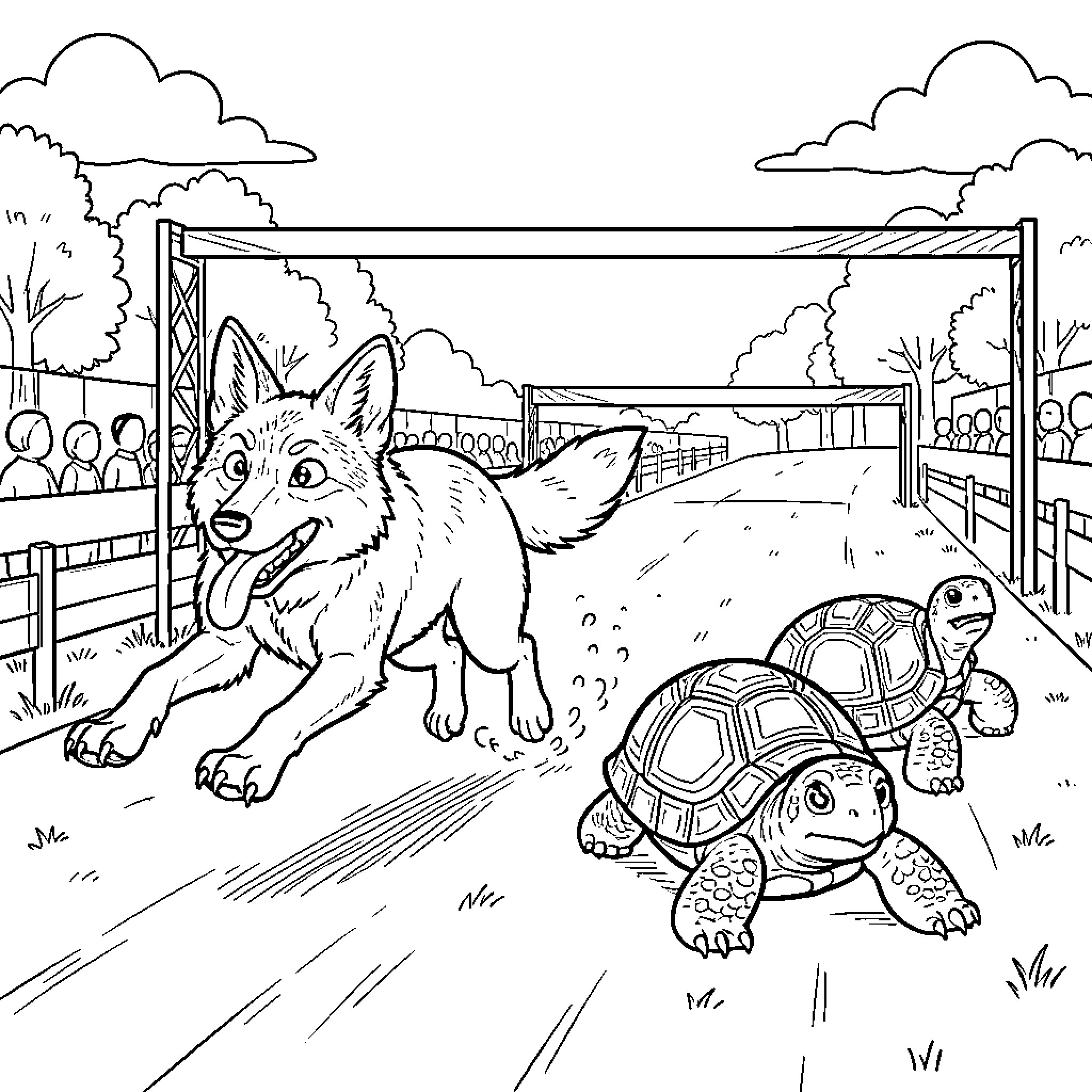 Coyote racing against turtles on a track Coloring Page (free black-and-white line drawing printable PDF for all, from beginners to advanced learners, including children, teens, adults, and seniors)