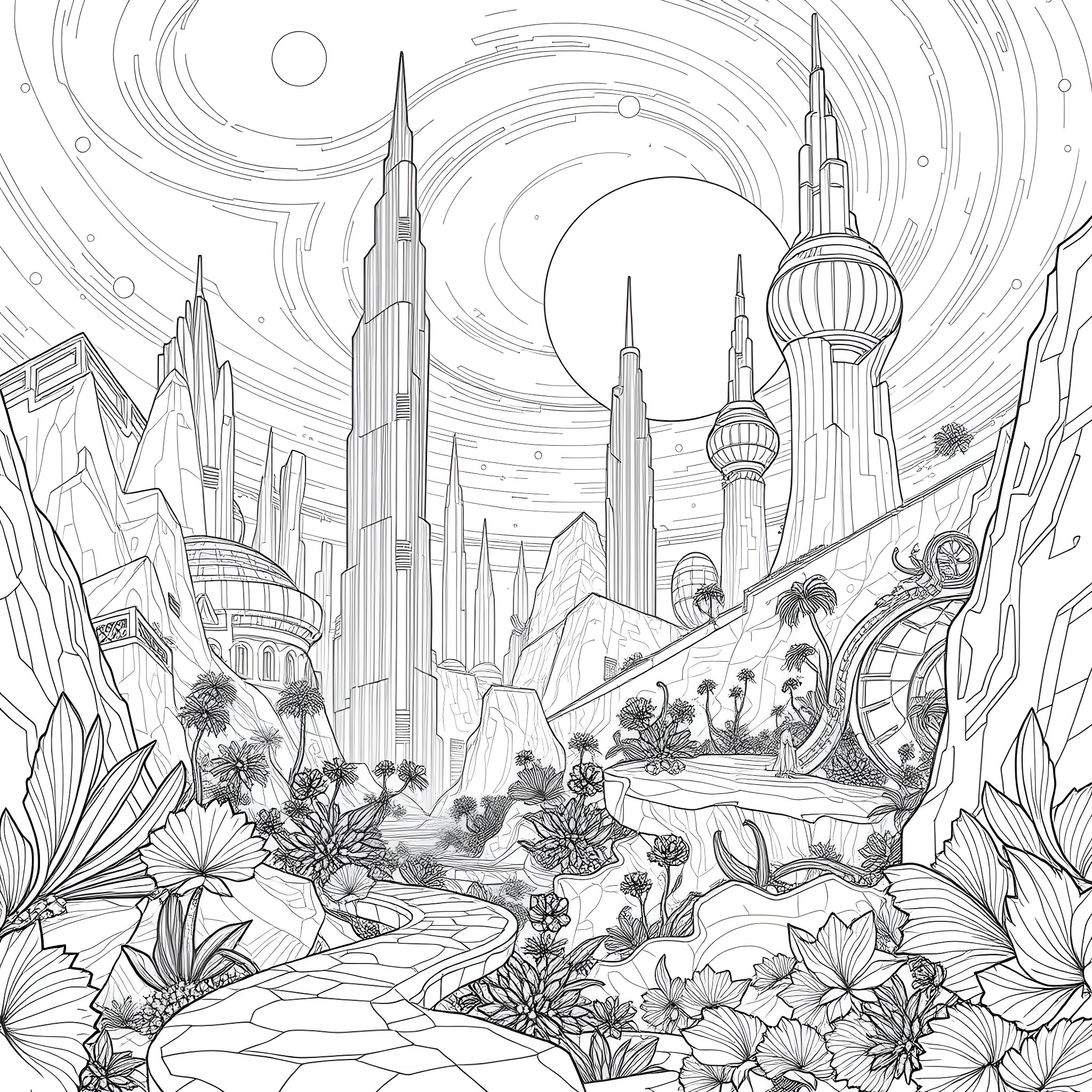 World of Futuristic Architecture and Nature Coloring Page (free black-and-white line drawing printable PDF for all, from beginners to advanced learners, including children, teens, adults, and seniors)