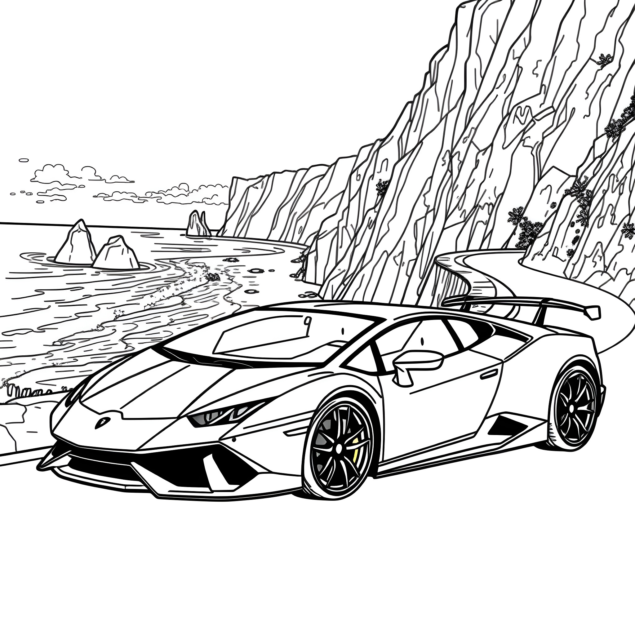 Lamborghini sports car on a coastal road Coloring Page (free black-and-white line drawing printable PDF for all, from beginners to advanced learners, including children, teens, adults, and seniors)