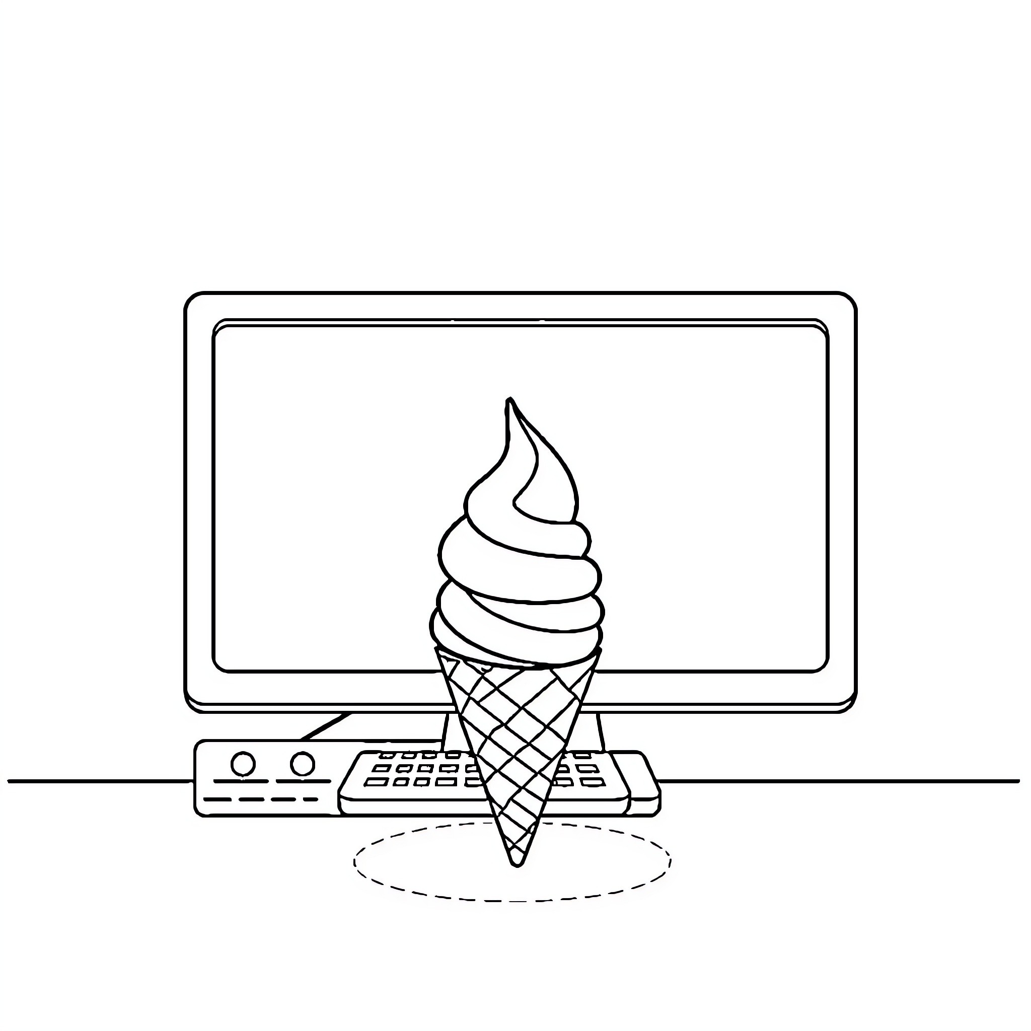 Ice Cream Cone on Computer Keyboard Coloring Page (free black-and-white line drawing printable PDF for all, from beginners to advanced learners, including children, teens, adults, and seniors)