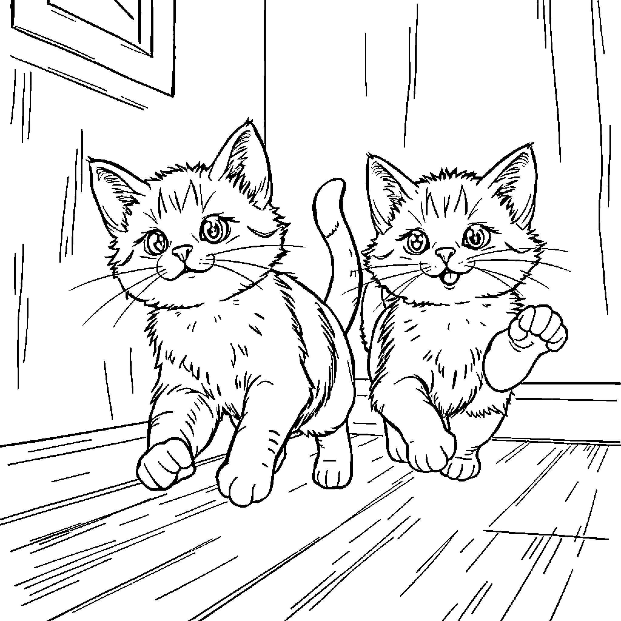 Cats playfully exploring indoors Coloring Page (free black-and-white line drawing printable PDF for all, from beginners to advanced learners, including children, teens, adults, and seniors)