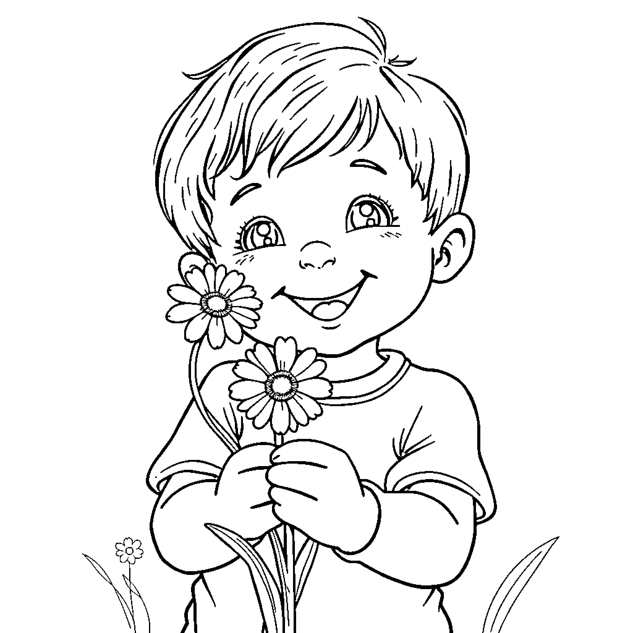 Child holding flowers and smiling happily Coloring Page (free black-and-white line drawing printable PDF for all, from beginners to advanced learners, including children, teens, adults, and seniors)