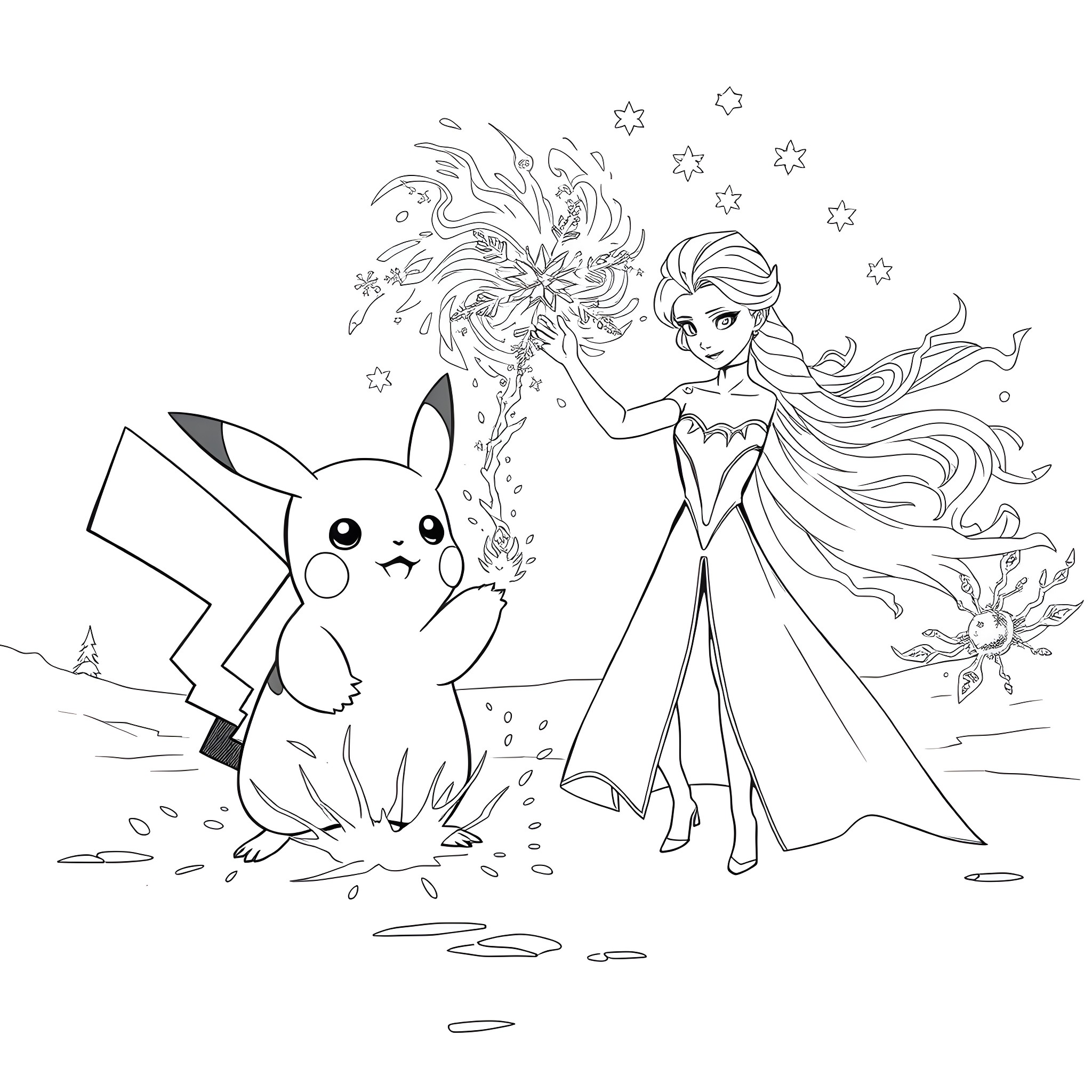 Pikachu and a magical princess in a winter wonderland Coloring Page (free black-and-white line drawing printable PDF for all, from beginners to advanced learners, including children, teens, adults, and seniors)