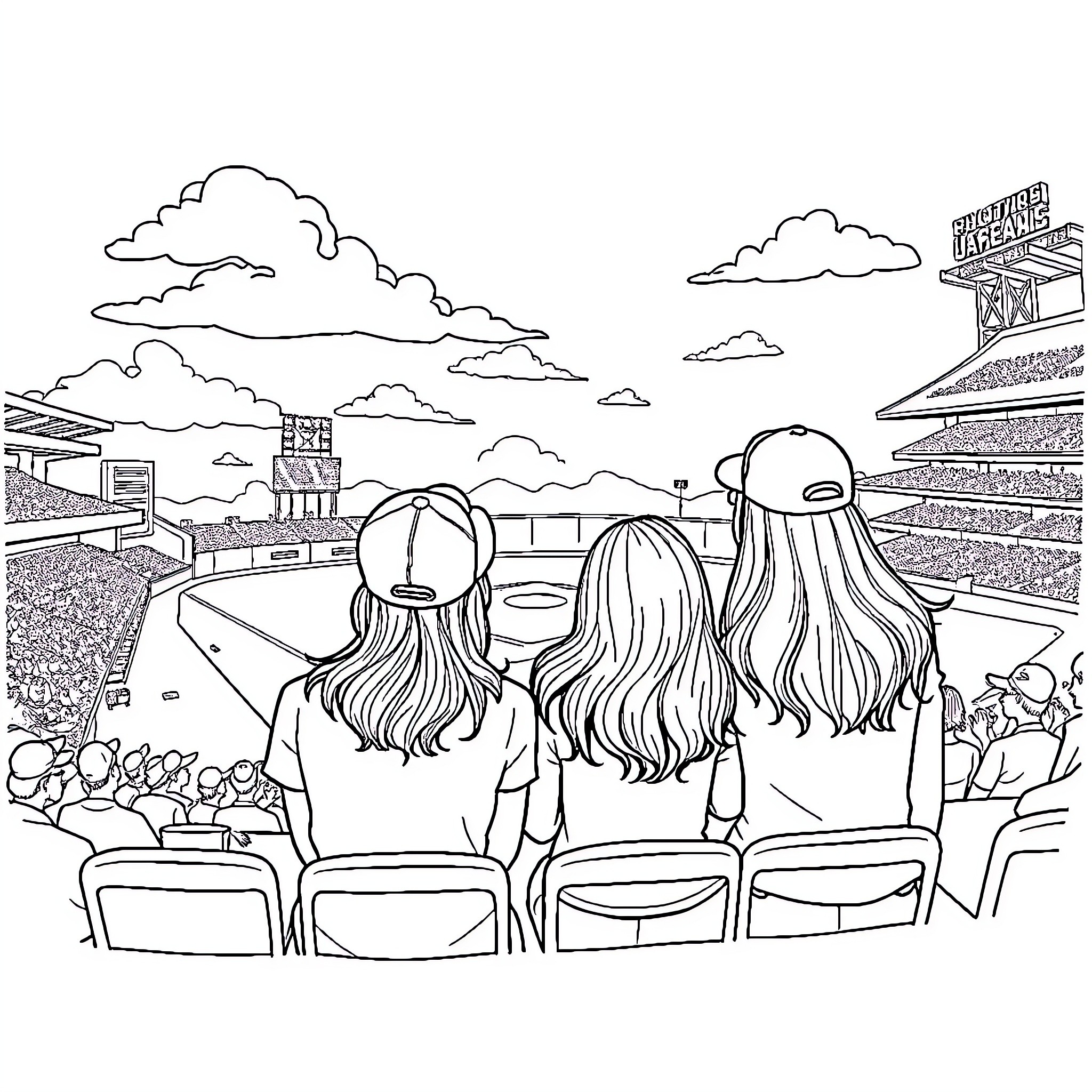 Gilmore Girls at a Sporting Event Coloring Page (free black-and-white line drawing printable PDF for all, from beginners to advanced learners, including children, teens, adults, and seniors)