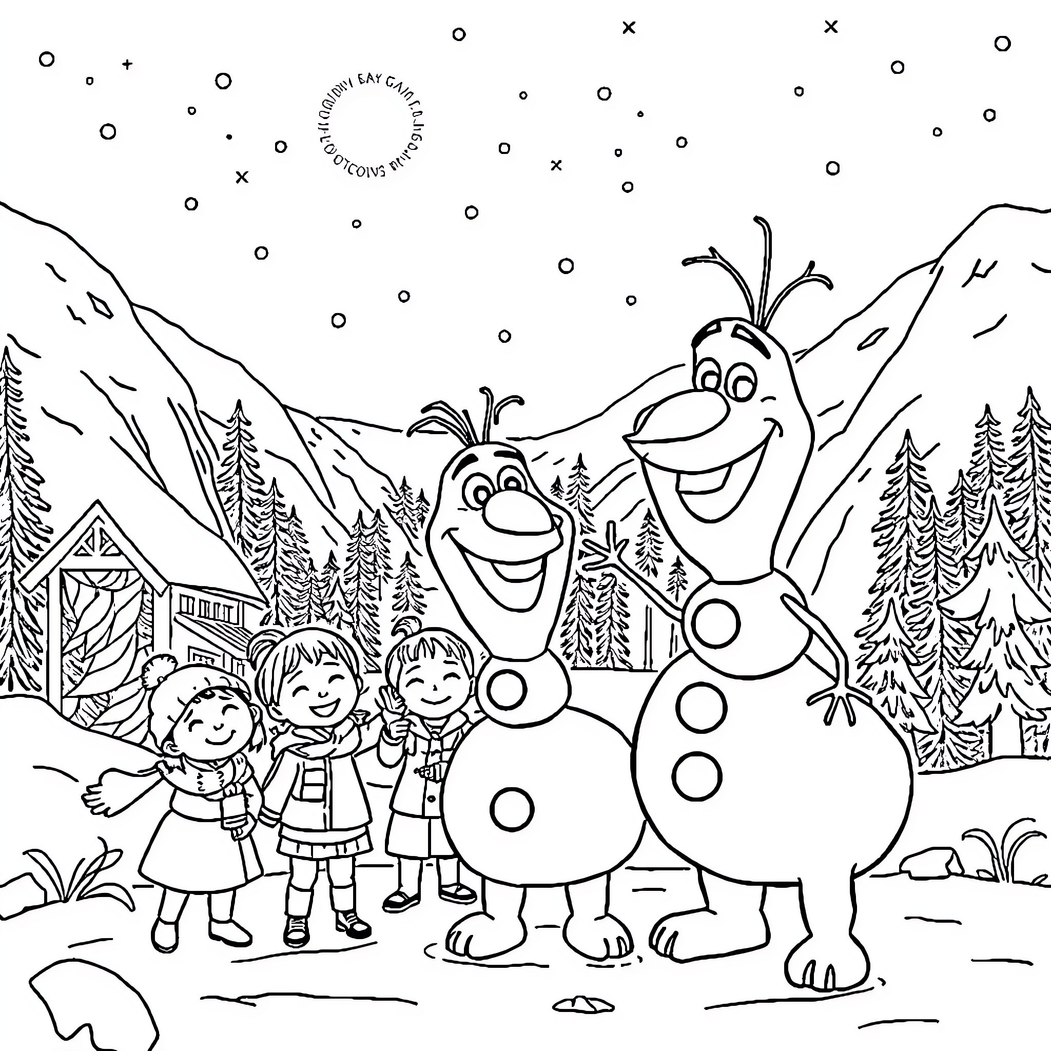 Olaf having fun with children in the snow Coloring Page (free black-and-white line drawing printable PDF for all, from beginners to advanced learners, including children, teens, adults, and seniors)