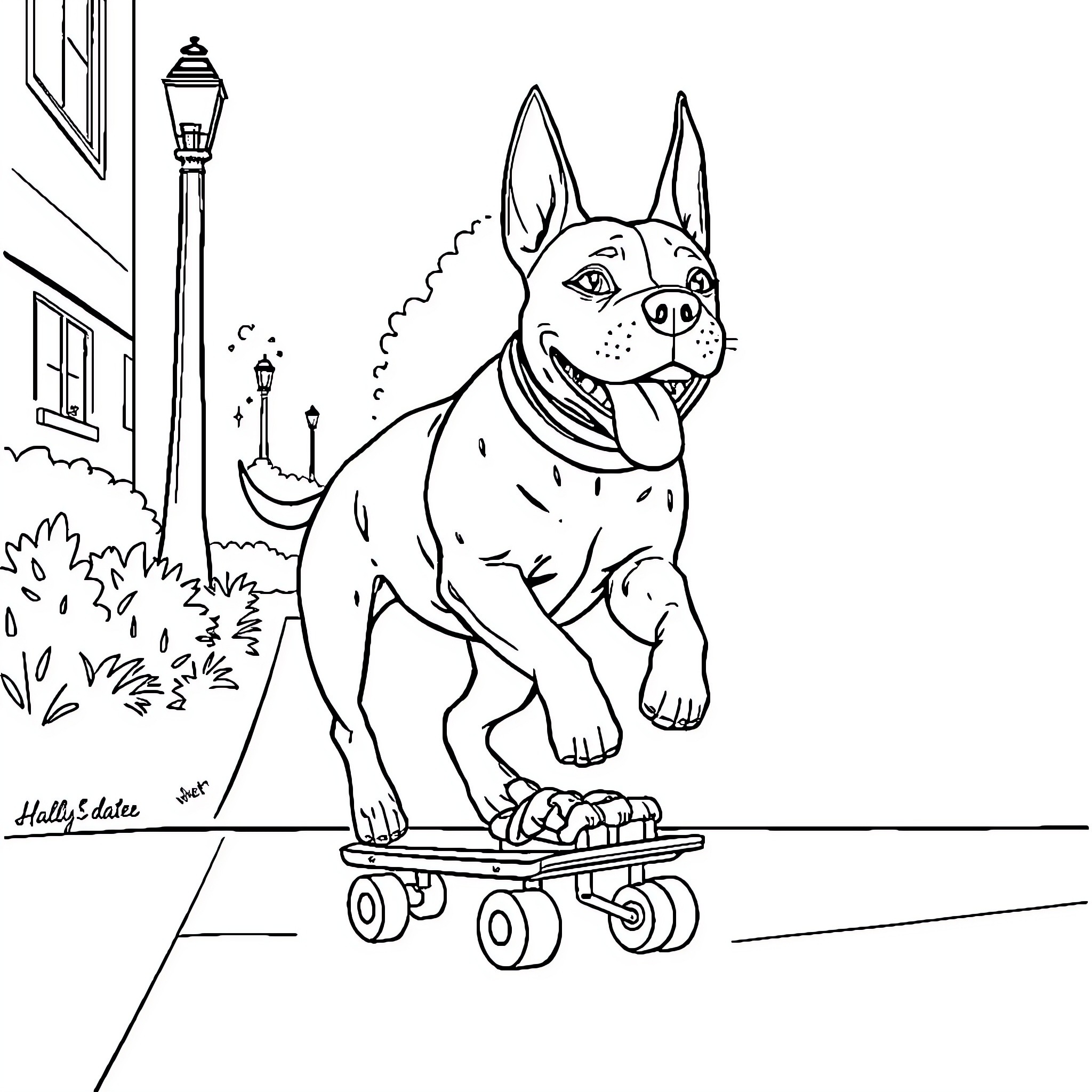 Pitbull riding skateboard in the park Coloring Page (free black-and-white line drawing printable PDF for all, from beginners to advanced learners, including children, teens, adults, and seniors)
