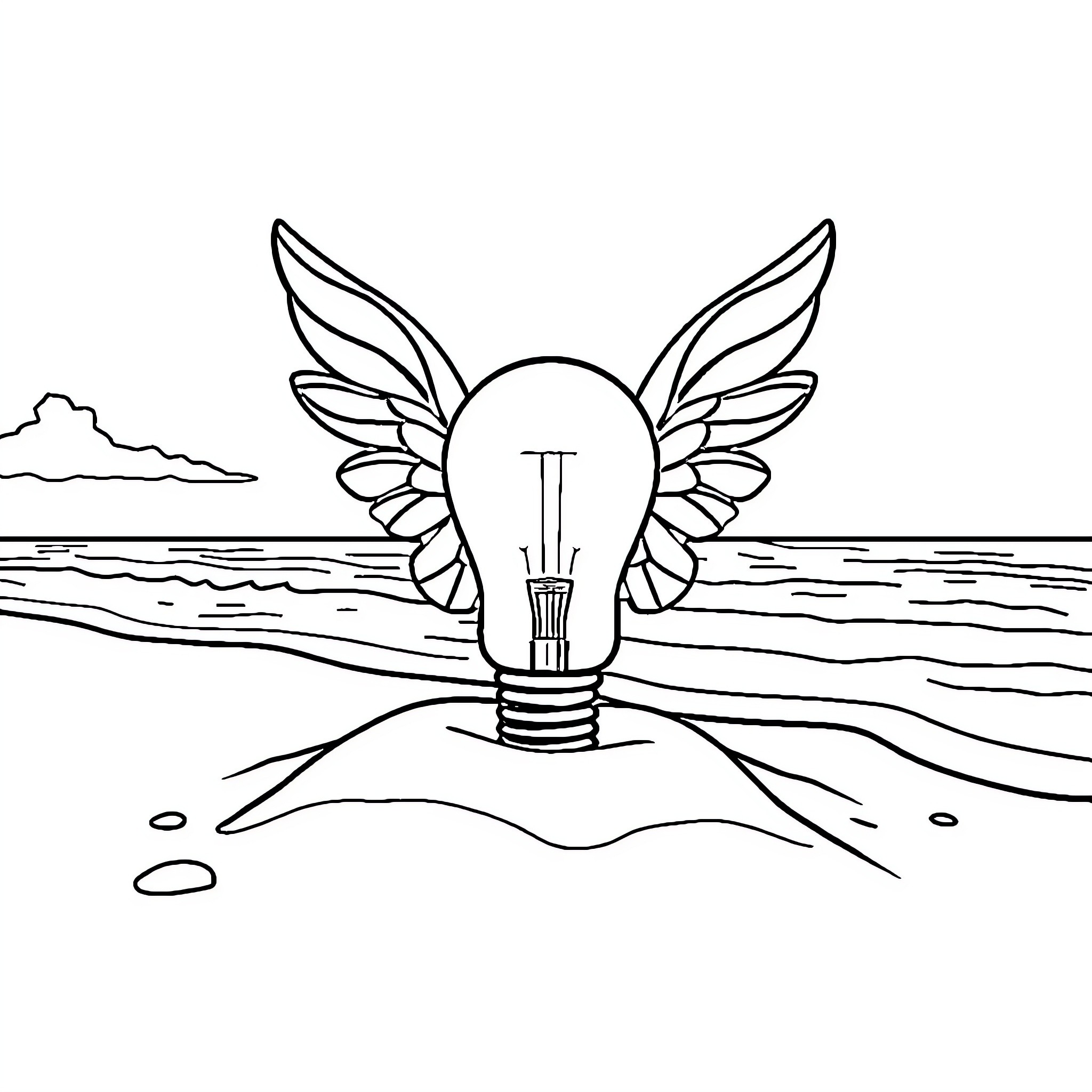 Lightbulb soaring above the ocean Coloring Page (free black-and-white line drawing printable PDF for all, from beginners to advanced learners, including children, teens, adults, and seniors)