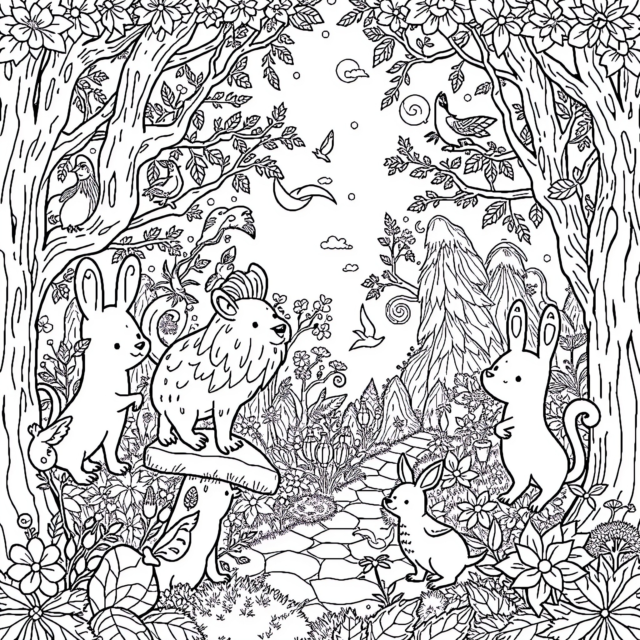 Children's Enchanting Nature Adventure Coloring Page (free black-and-white line drawing printable PDF for all, from beginners to advanced learners, including children, teens, adults, and seniors)