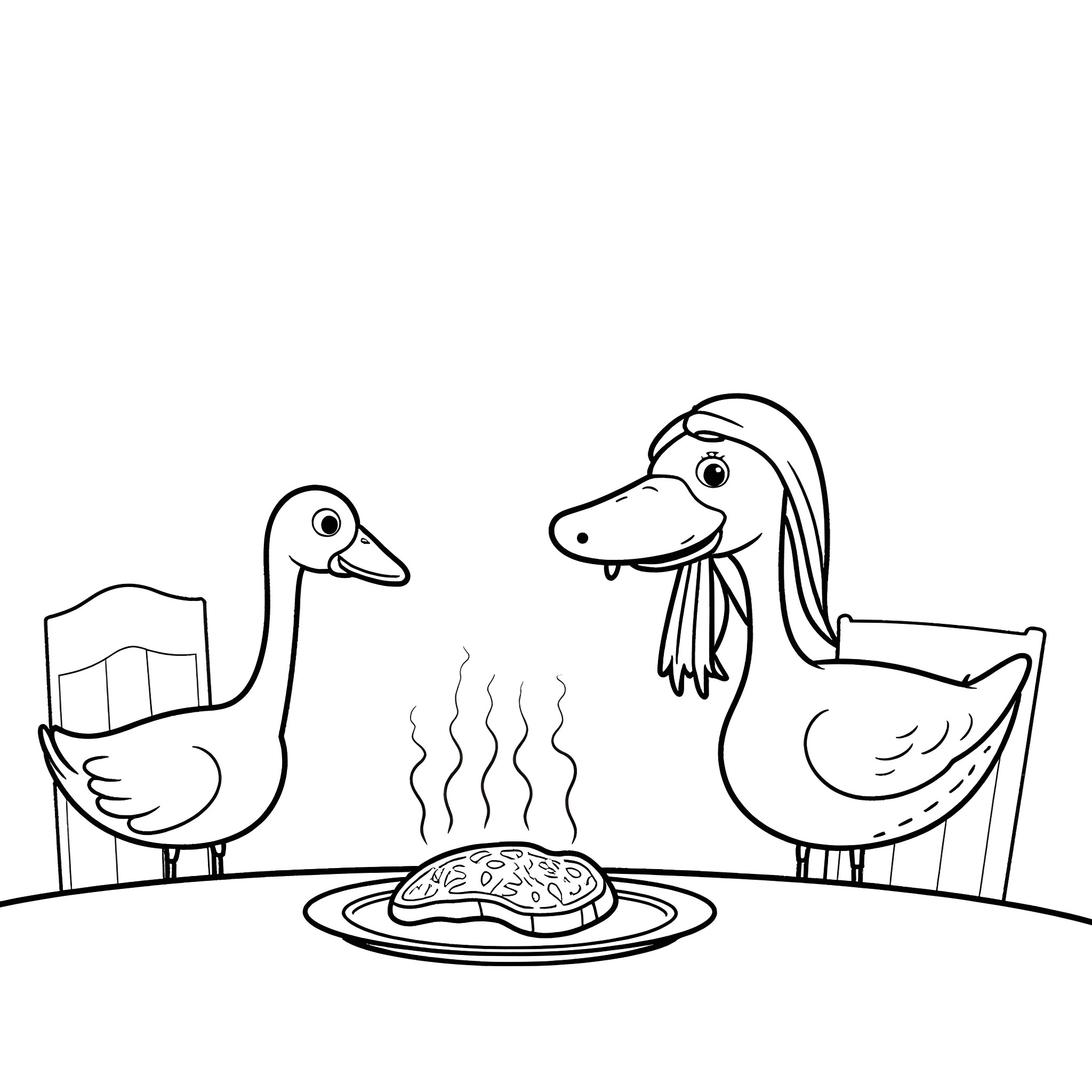Goose friends sharing a tasty meal Coloring Page (free black-and-white line drawing printable PDF for all, from beginners to advanced learners, including children, teens, adults, and seniors)