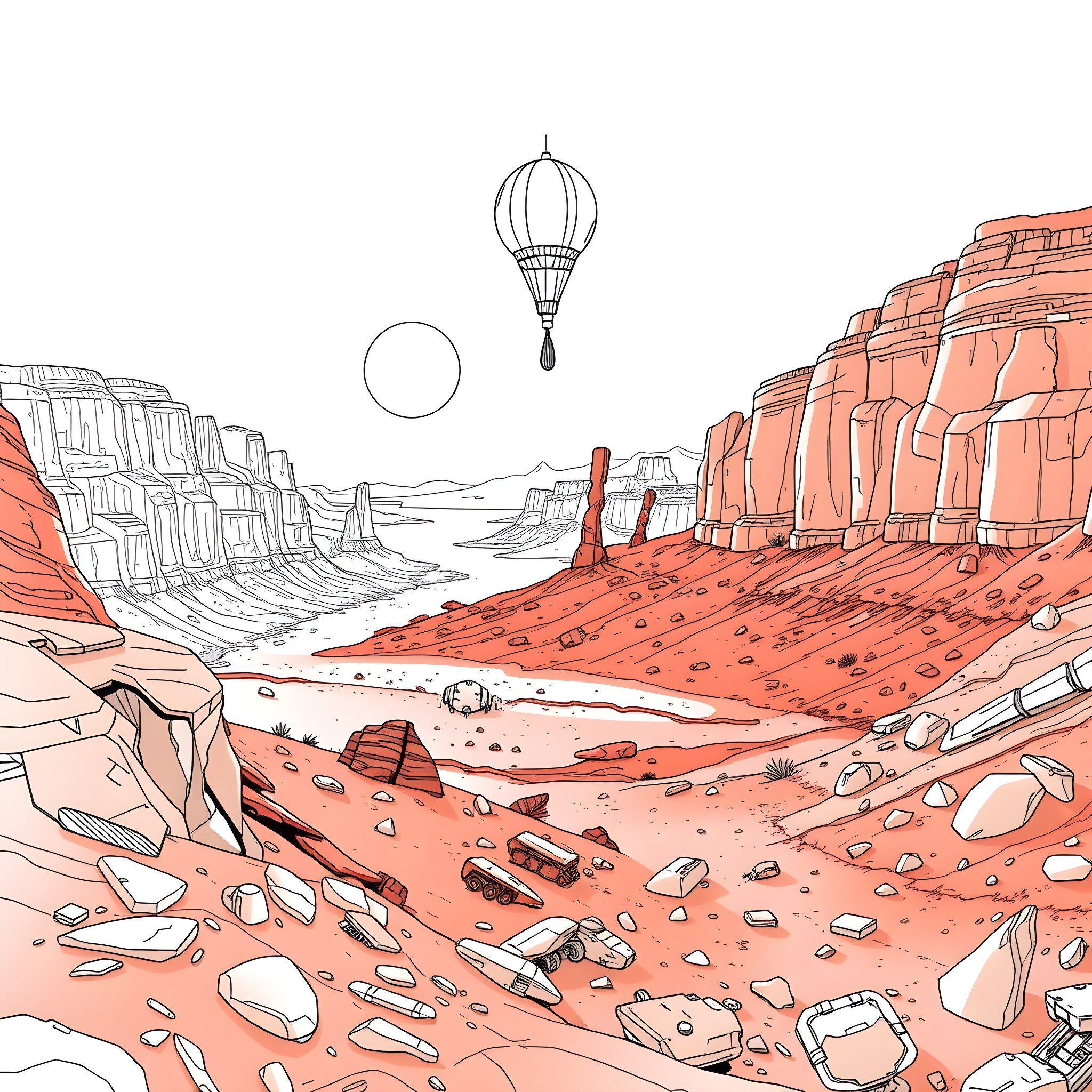 Intellia Therapeutics: Desert Exploration with Hot Air Balloon Coloring Page (free black-and-white line drawing printable PDF for all, from beginners to advanced learners, including children, teens, adults, and seniors)